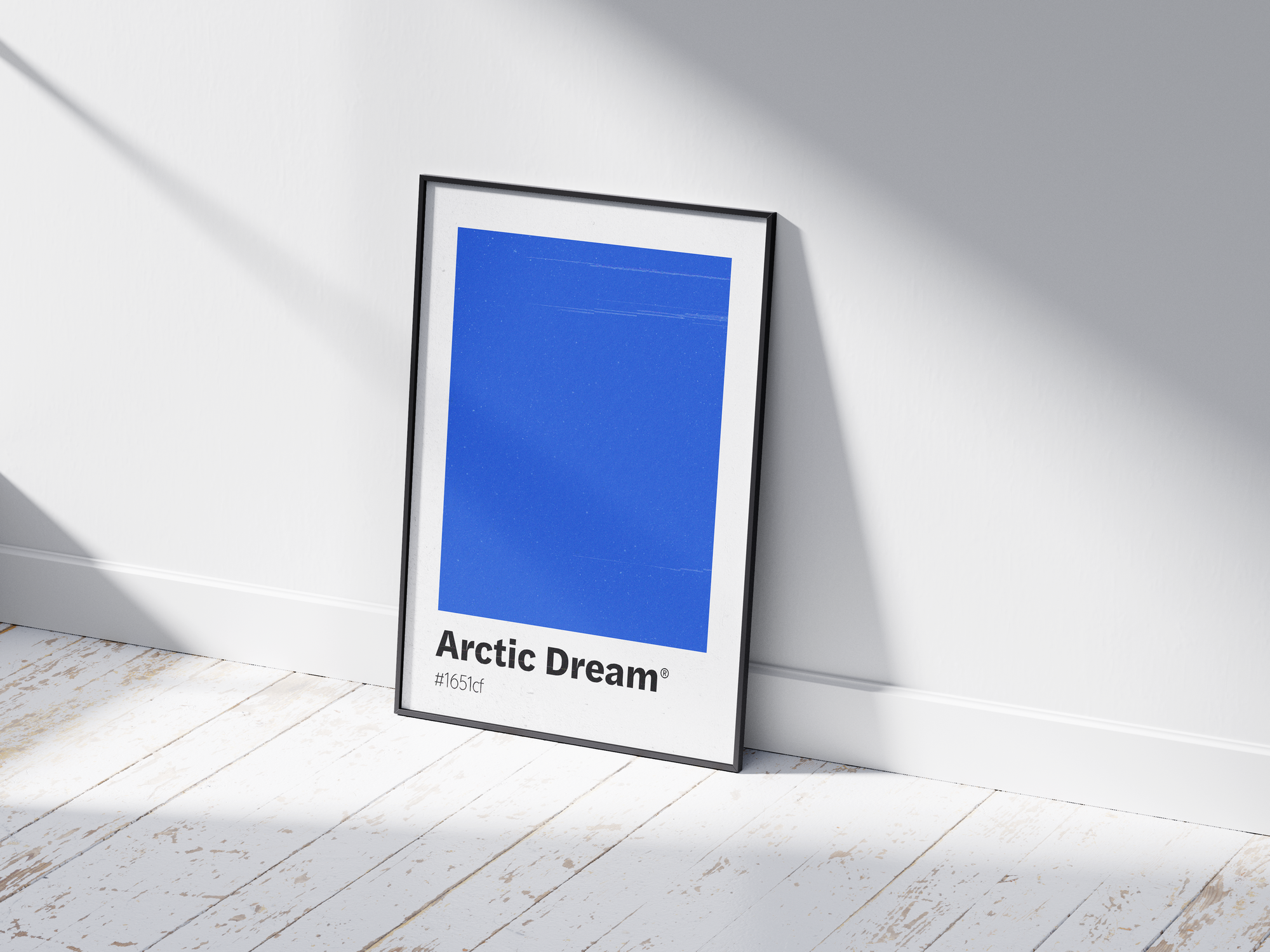 Minimalist light blue color swatch poster featuring the unique shade "Arctic Dream" with its hexadecimal code #1651cf. This modern art print is ideal for adding a sophisticated and serene touch to contemporary interiors, bathrooms, or gallery walls.