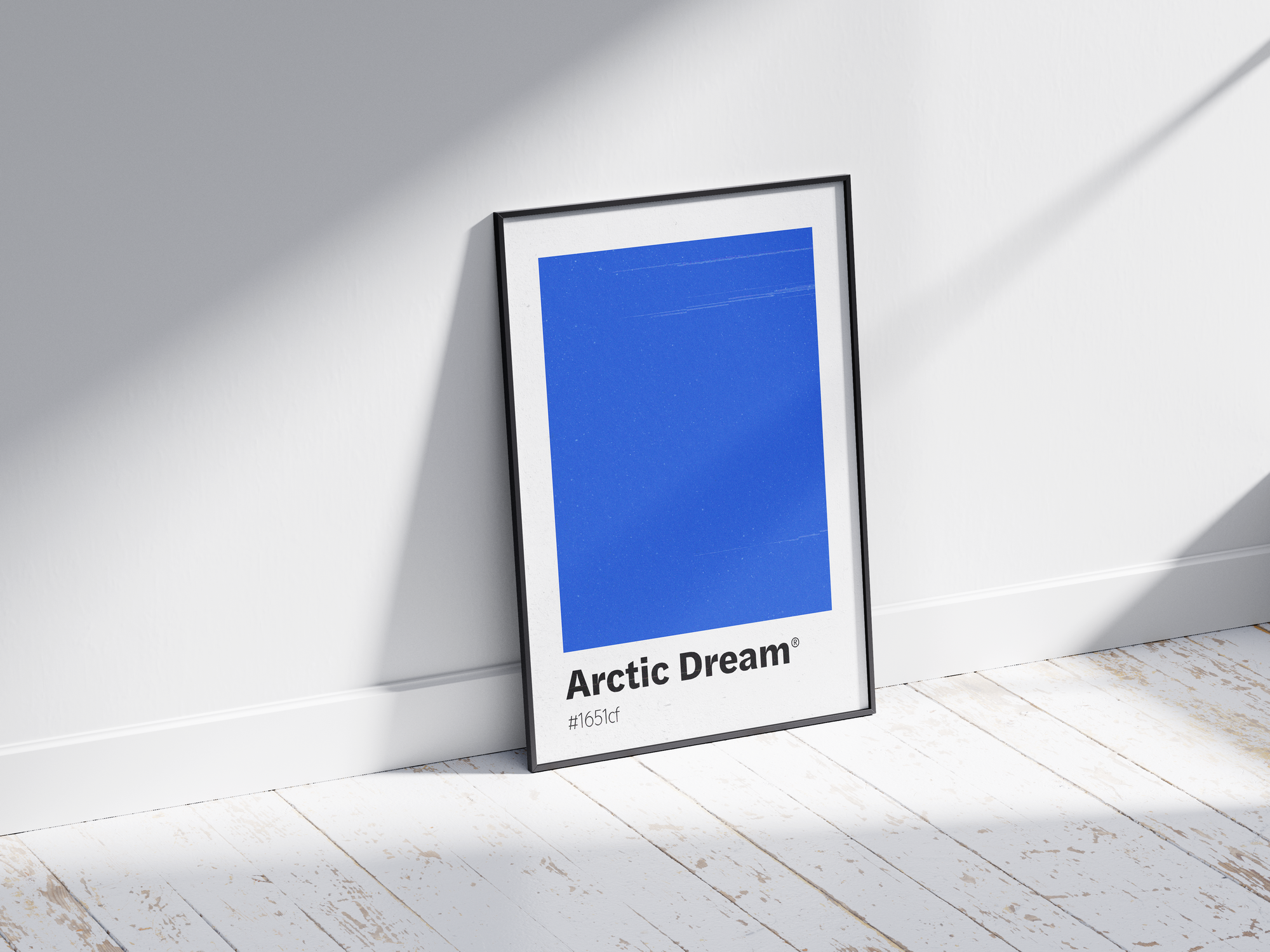 Minimalist light blue color swatch poster featuring the unique shade "Arctic Dream" with its hexadecimal code #1651cf. This modern art print is ideal for adding a sophisticated and serene touch to contemporary interiors, bathrooms, or gallery walls.