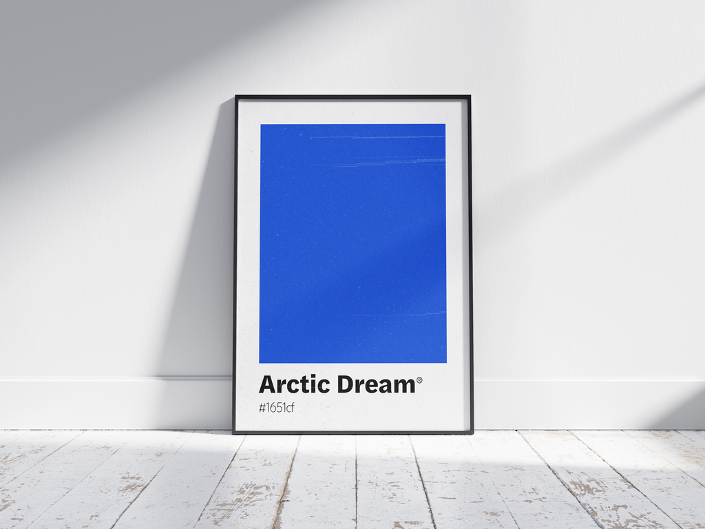 Minimalist light blue color swatch poster featuring the unique shade "Arctic Dream" with its hexadecimal code #1651cf. This modern art print is ideal for adding a sophisticated and serene touch to contemporary interiors, bathrooms, or gallery walls.