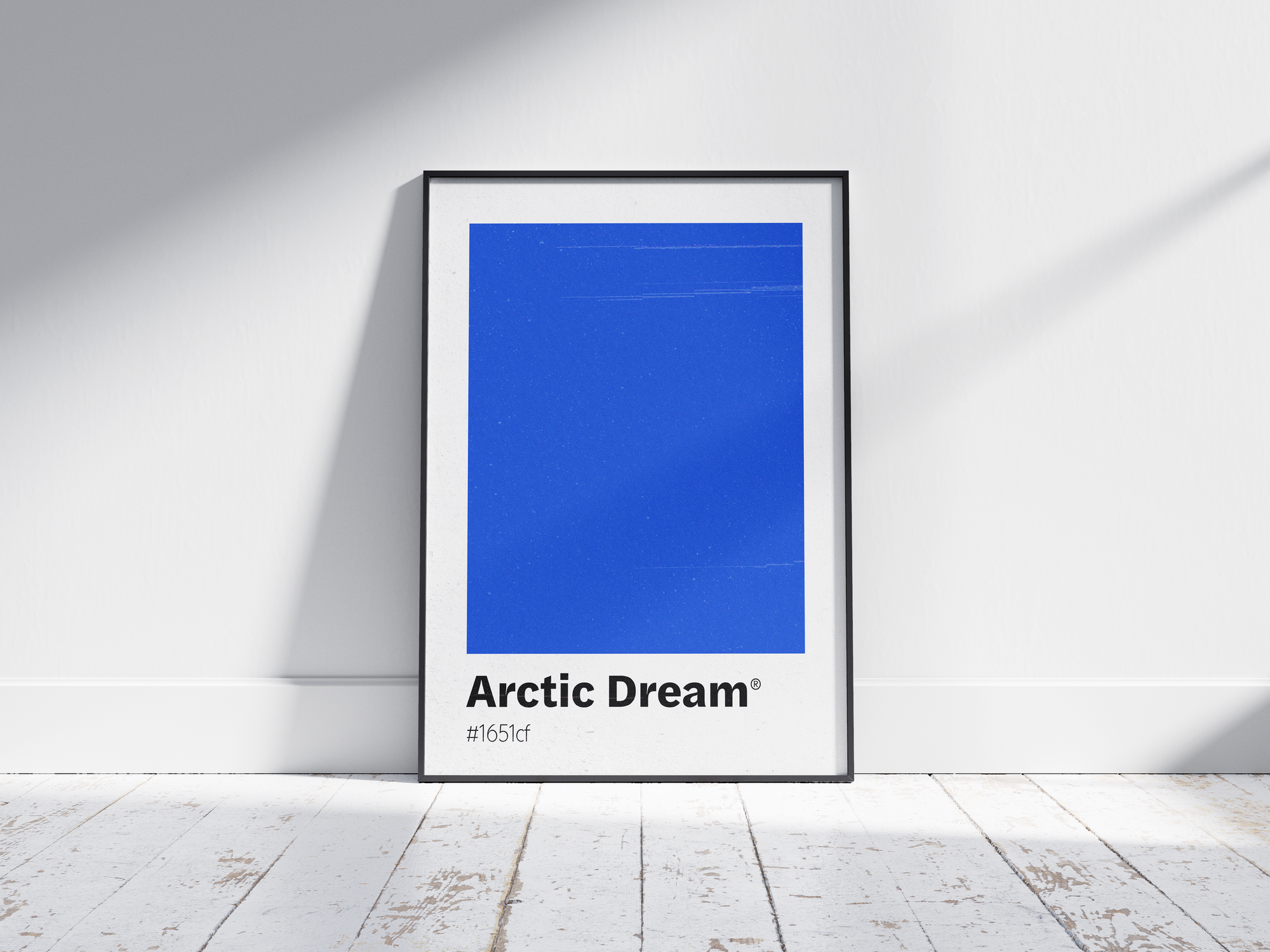 Minimalist light blue color swatch poster featuring the unique shade "Arctic Dream" with its hexadecimal code #1651cf. This modern art print is ideal for adding a sophisticated and serene touch to contemporary interiors, bathrooms, or gallery walls.