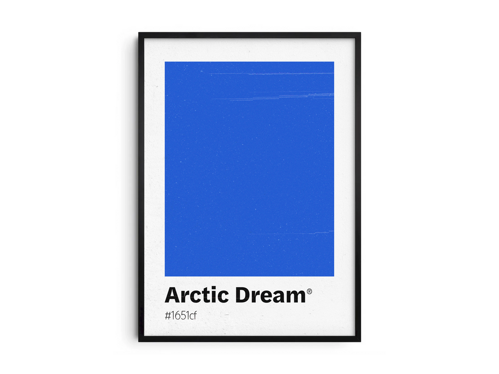Minimalist light blue color swatch poster featuring the unique shade "Arctic Dream" with its hexadecimal code #1651cf. This modern art print is ideal for adding a sophisticated and serene touch to contemporary interiors, bathrooms, or gallery walls.