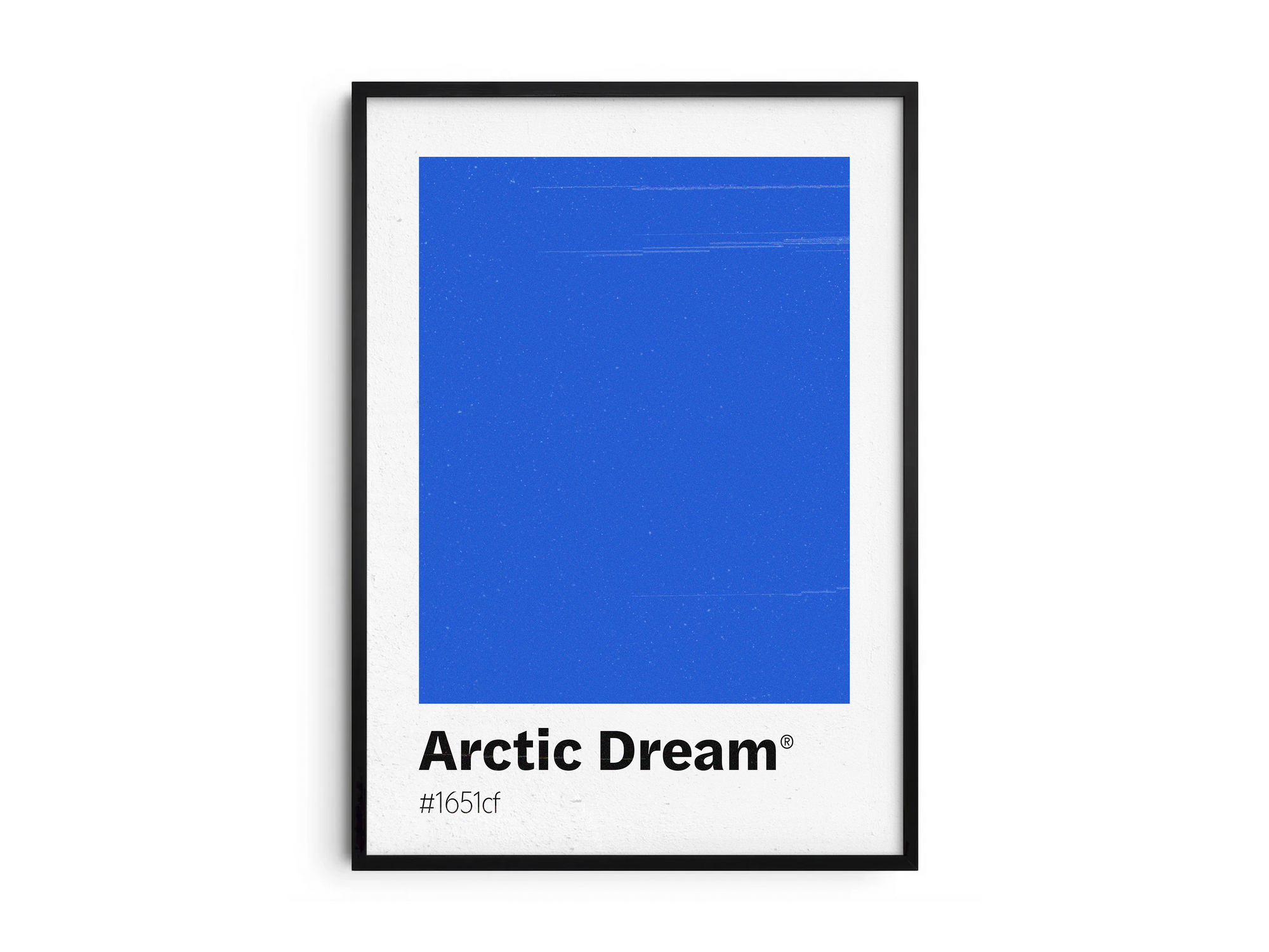 Minimalist light blue color swatch poster featuring the unique shade "Arctic Dream" with its hexadecimal code #1651cf. This modern art print is ideal for adding a sophisticated and serene touch to contemporary interiors, bathrooms, or gallery walls.