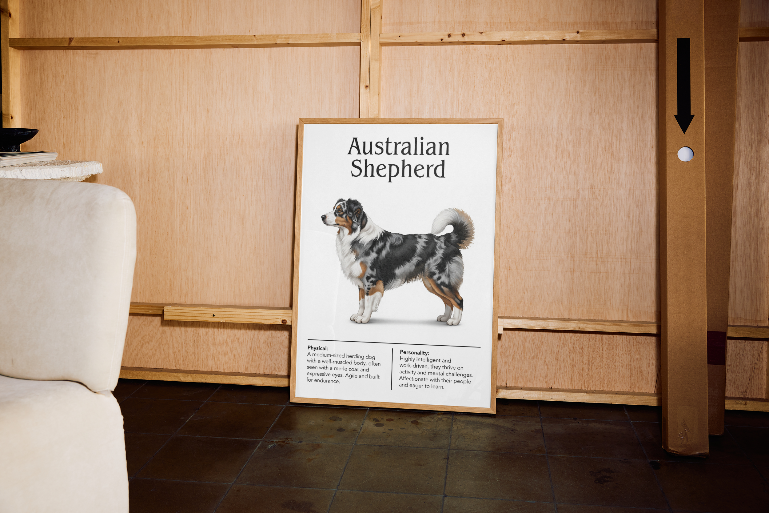 A light wood-framed poster of a merle Australian Shepherd dog, standing on a dark tile floor in a rustic space with light wooden wall paneling.