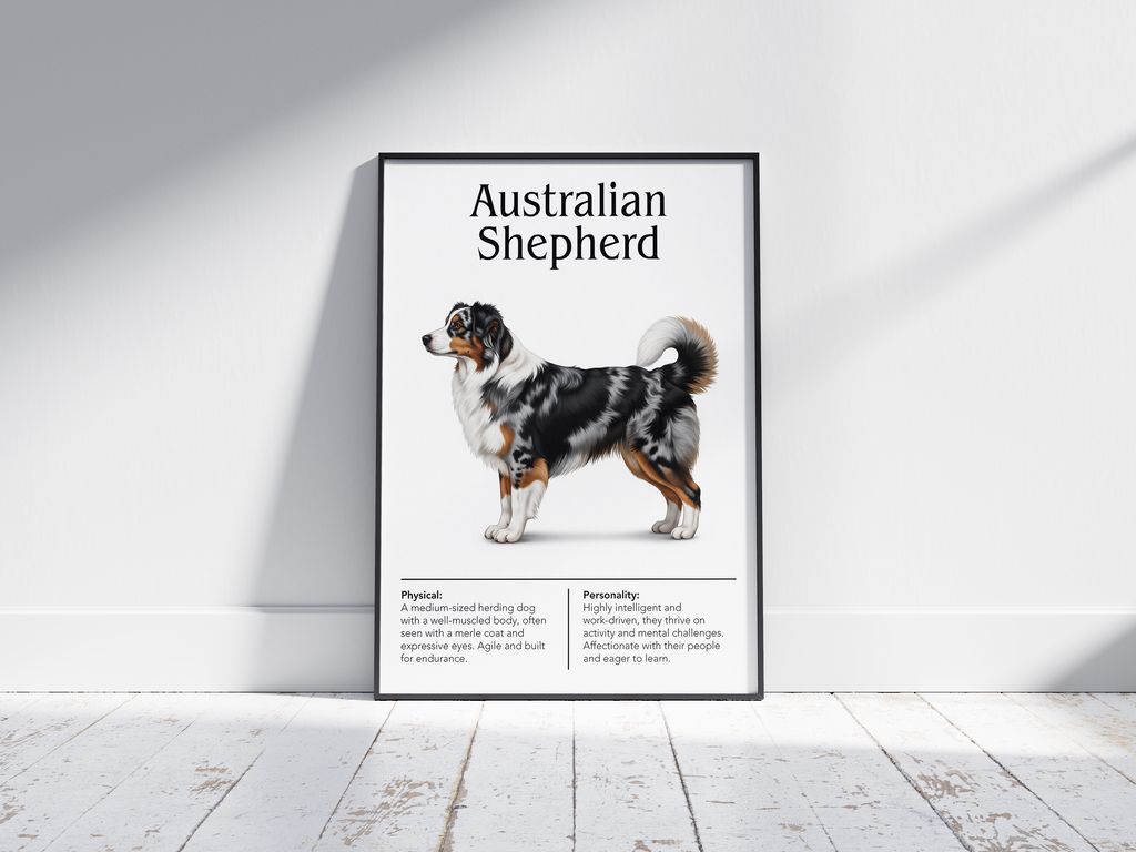 Detailed Australian Shepherd dog breed poster showcasing its physical characteristics and personality traits, printed on semi-gloss sustainable paper. Perfect wall art for living rooms, family rooms, or modern interiors with an energetic and intelligent aesthetic.