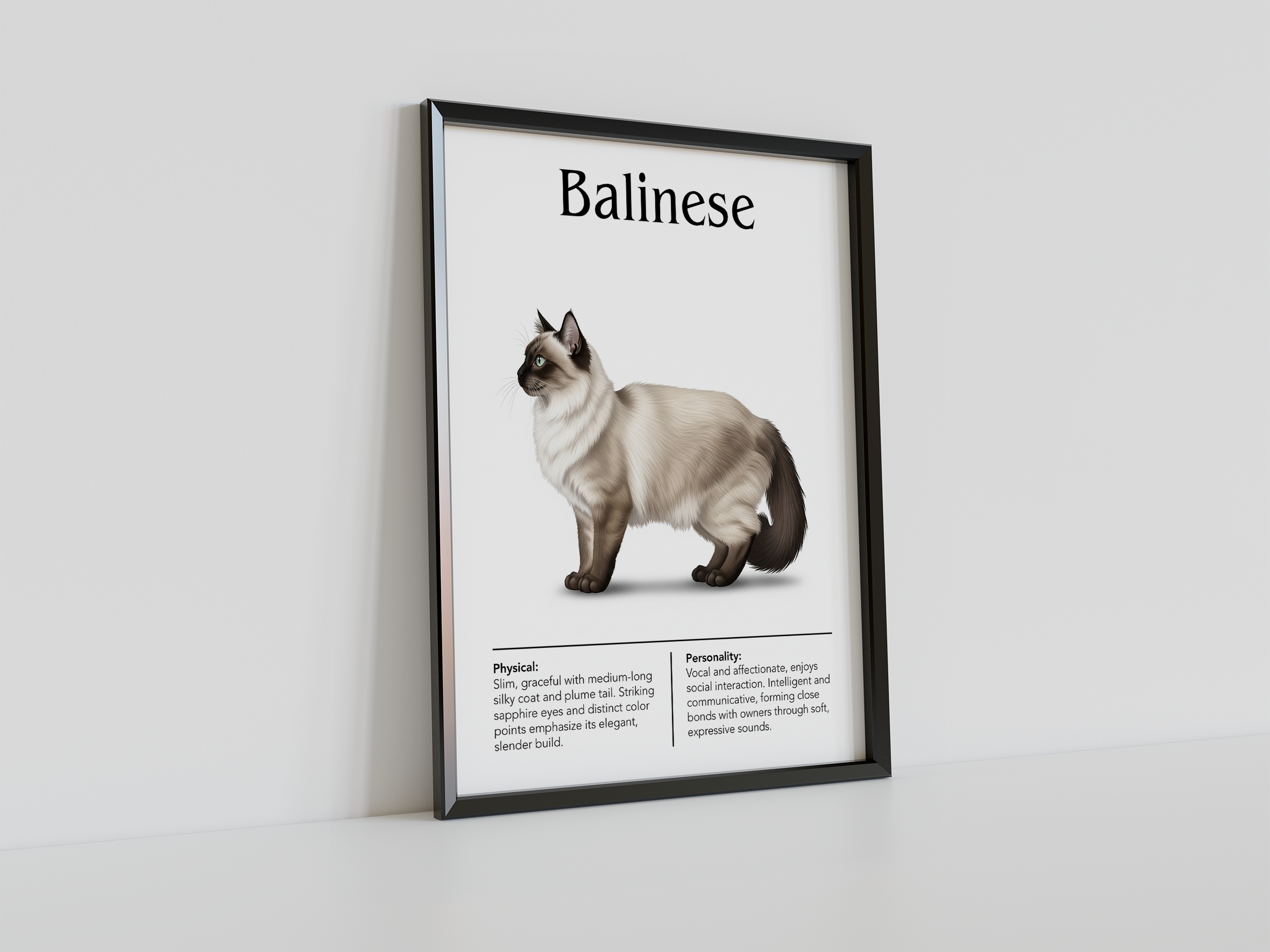 A black-framed print featuring a realistic illustration of a Balinese cat, with the title "Balinese" and sections describing its physical traits and personality, leaning on a white surface against a white wall.