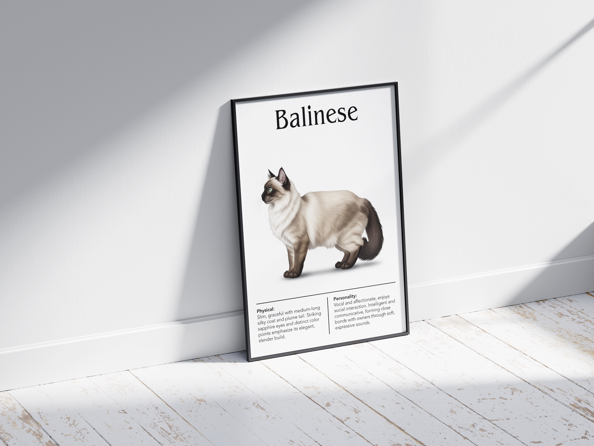 Elegant Balinese cat breed poster featuring a detailed illustration of the cat with its striking blue eyes and long silky coat, printed on semi-gloss sustainable paper. Perfect wall art for living rooms, bedrooms, or sophisticated interiors with a serene and graceful aesthetic.