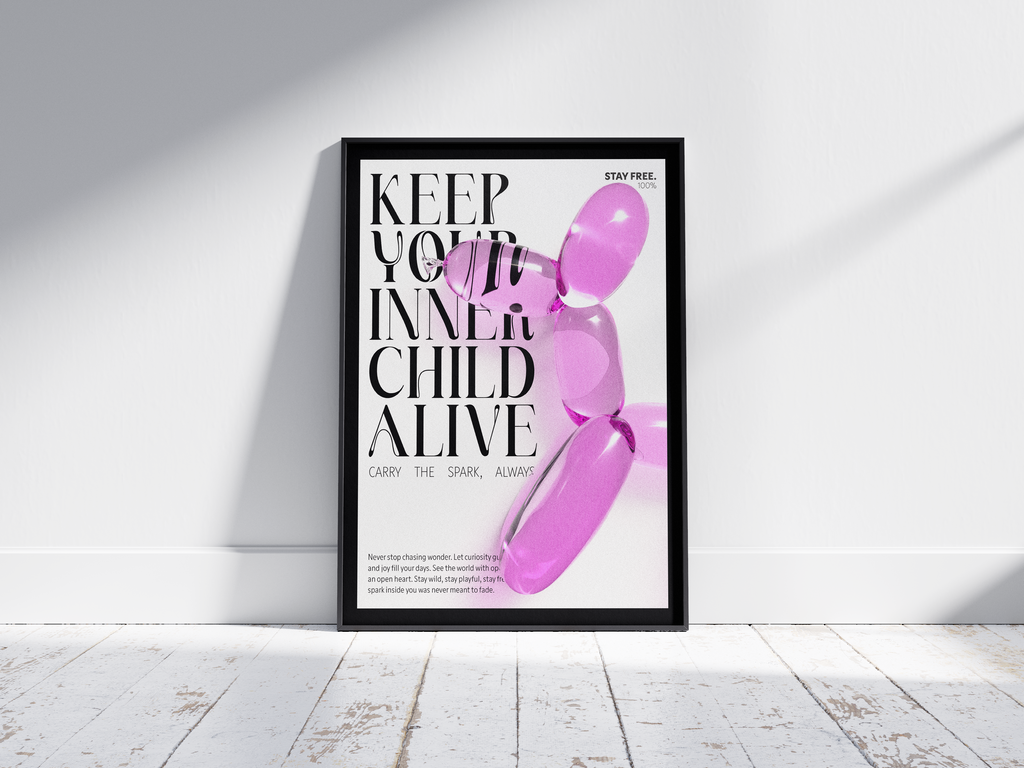 Vibrant balloon dog art poster with "KEEP YOUR INNER CHILD ALIVE" quote, featuring a glossy pink inflatable dog, printed on semi-gloss sustainable paper. Perfect wall art for playrooms, modern living rooms, or creative interiors with a fun and inspiring aesthetic.