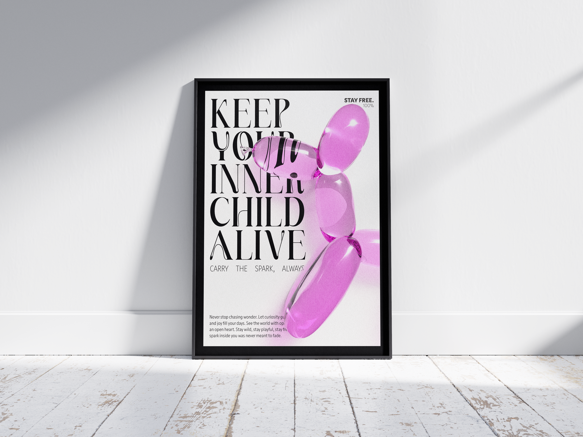 Vibrant balloon dog art poster with "KEEP YOUR INNER CHILD ALIVE" quote, featuring a glossy pink inflatable dog, printed on semi-gloss sustainable paper. Perfect wall art for playrooms, modern living rooms, or creative interiors with a fun and inspiring aesthetic.