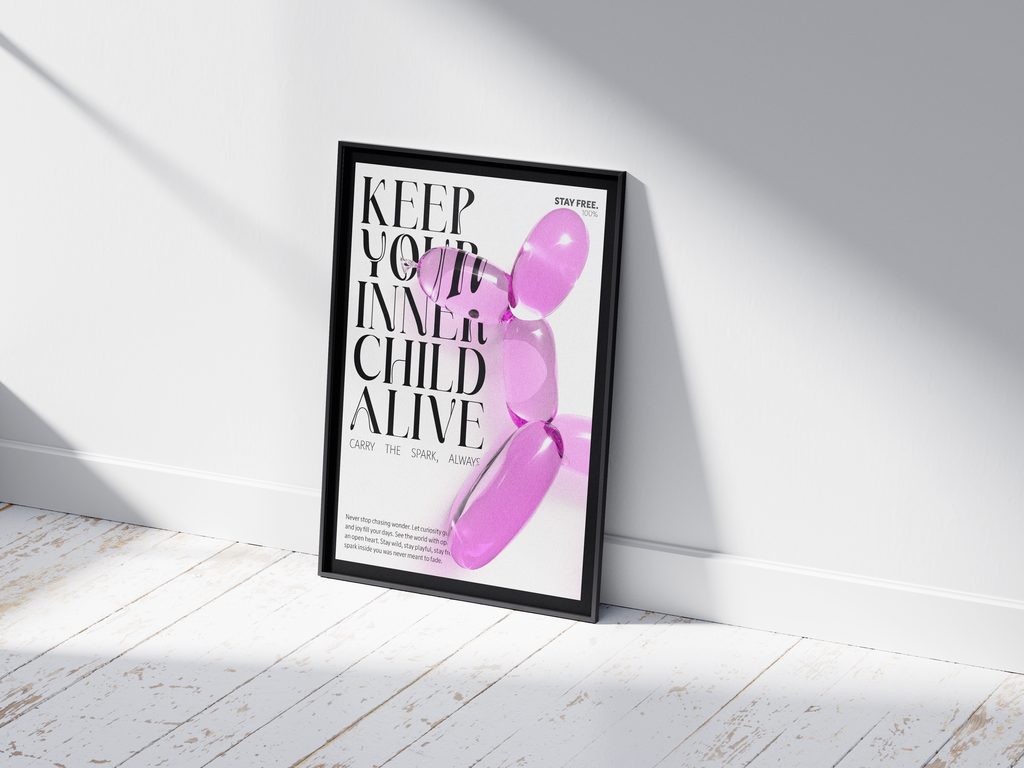 Vibrant balloon dog art poster with "KEEP YOUR INNER CHILD ALIVE" quote, featuring a glossy pink inflatable dog, printed on semi-gloss sustainable paper. Perfect wall art for playrooms, modern living rooms, or creative interiors with a fun and inspiring aesthetic.