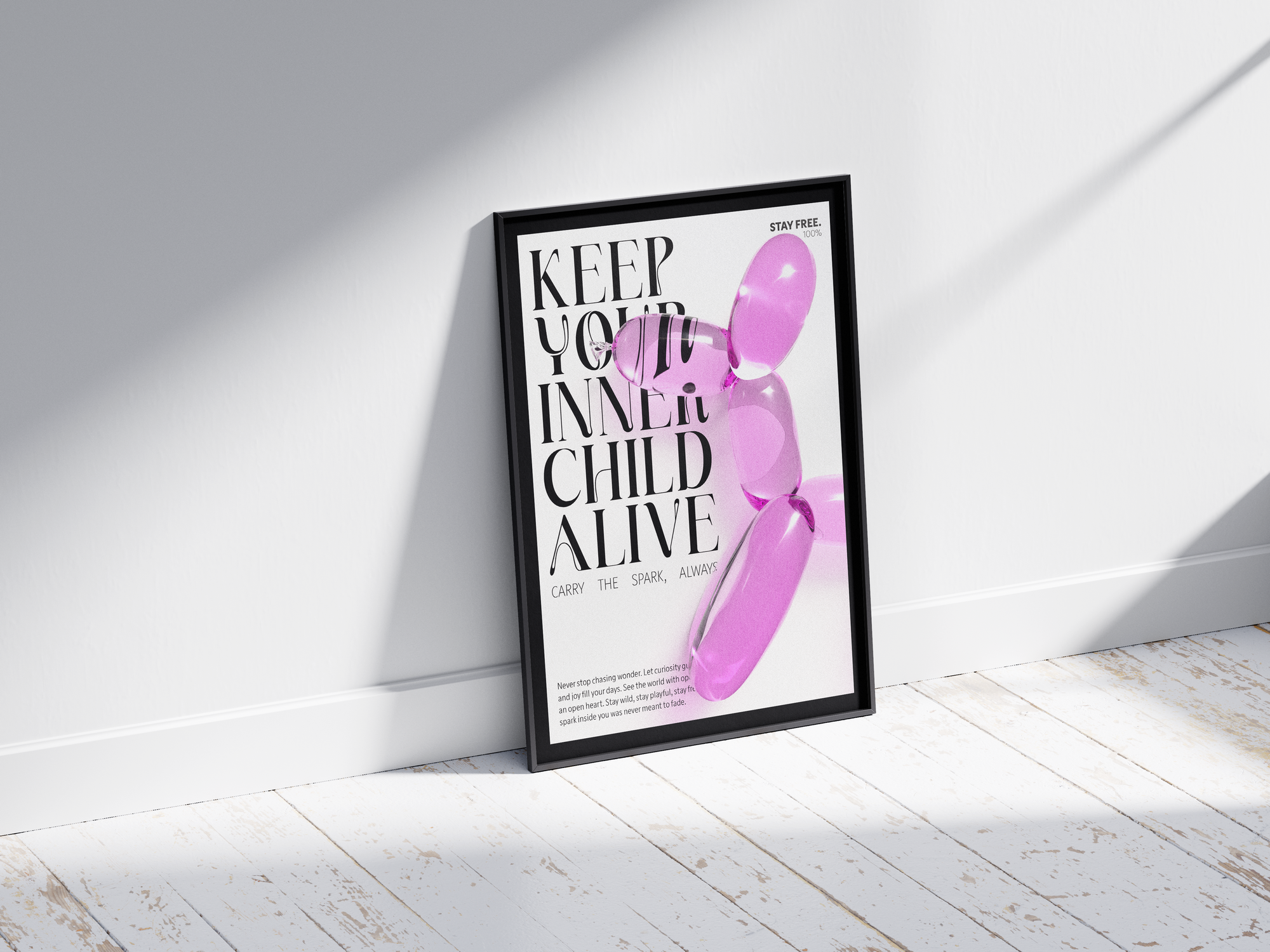 Vibrant balloon dog art poster with "KEEP YOUR INNER CHILD ALIVE" quote, featuring a glossy pink inflatable dog, printed on semi-gloss sustainable paper. Perfect wall art for playrooms, modern living rooms, or creative interiors with a fun and inspiring aesthetic.
