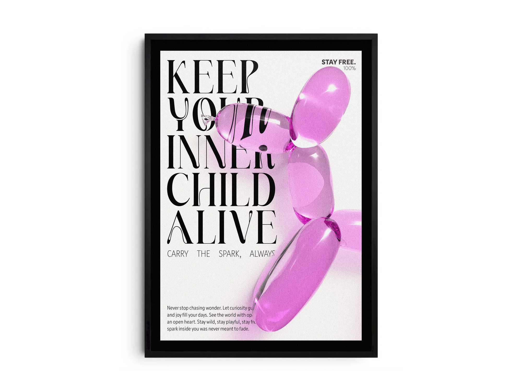 Vibrant balloon dog art poster with "KEEP YOUR INNER CHILD ALIVE" quote, featuring a glossy pink inflatable dog, printed on semi-gloss sustainable paper. Perfect wall art for playrooms, modern living rooms, or creative interiors with a fun and inspiring aesthetic.