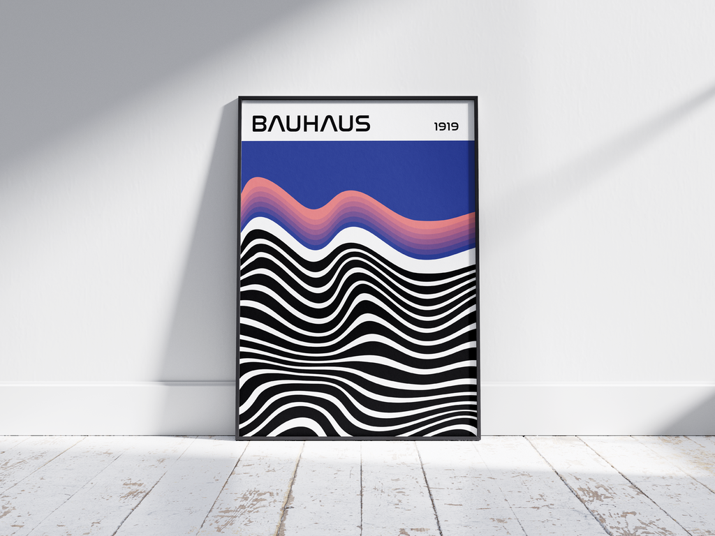 Modern Bauhaus abstract wave poster featuring black and white undulating lines and an orange and blue wave, with "BAUHAUS 1919" typography, printed on semi-gloss sustainable paper. Perfect wall art for living rooms, offices, or contemporary interiors with a bold and artistic aesthetic.