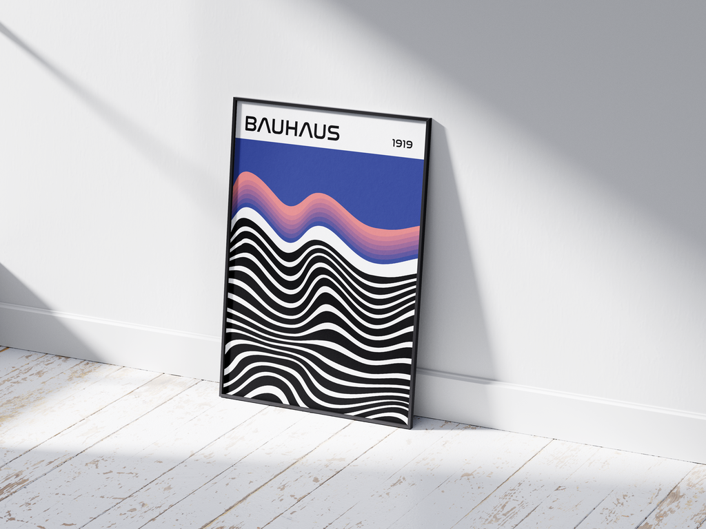 Modern Bauhaus abstract wave poster featuring black and white undulating lines and an orange and blue wave, with "BAUHAUS 1919" typography, printed on semi-gloss sustainable paper. Perfect wall art for living rooms, offices, or contemporary interiors with a bold and artistic aesthetic.
