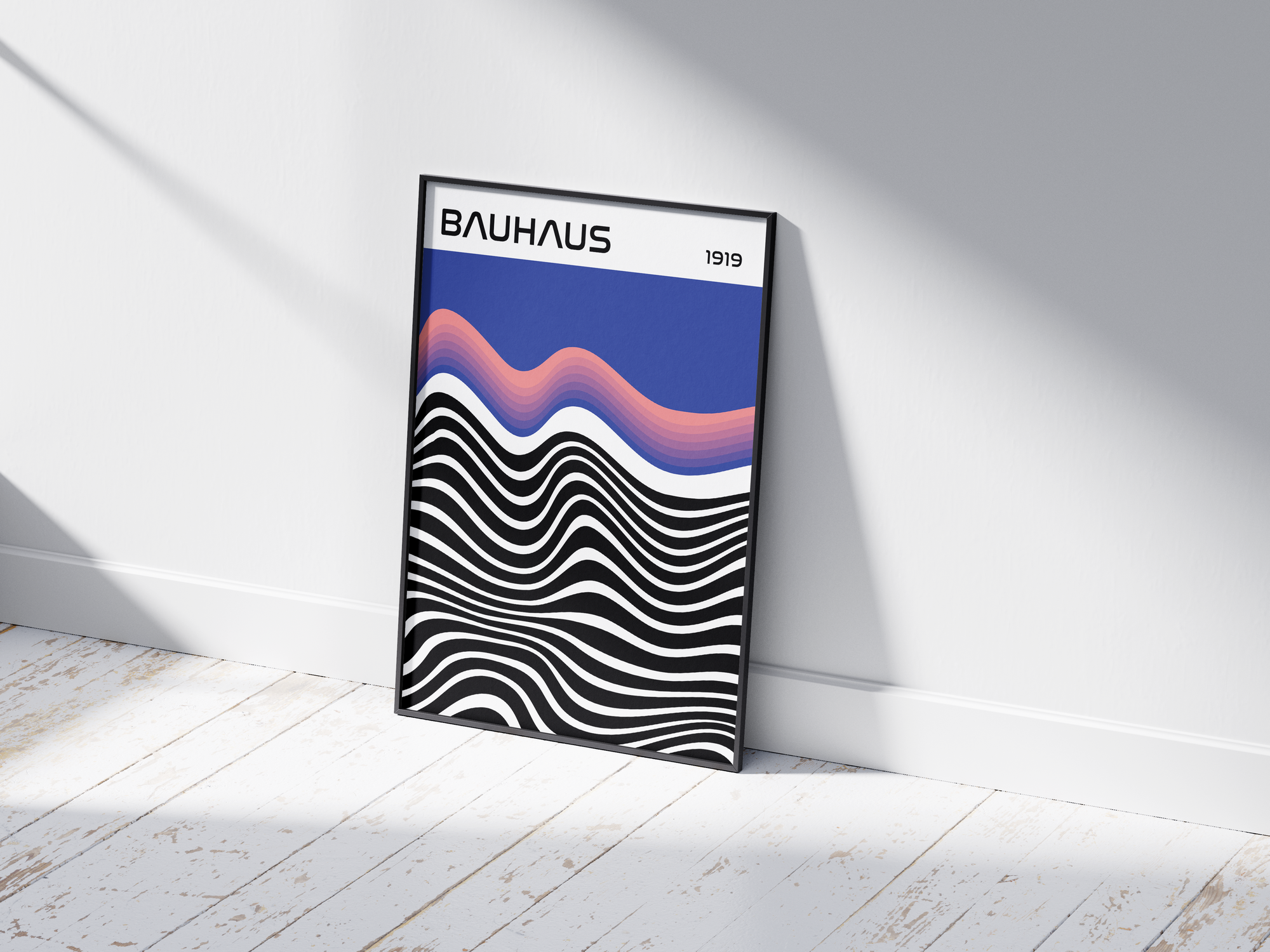 Modern Bauhaus abstract wave poster featuring black and white undulating lines and an orange and blue wave, with "BAUHAUS 1919" typography, printed on semi-gloss sustainable paper. Perfect wall art for living rooms, offices, or contemporary interiors with a bold and artistic aesthetic.