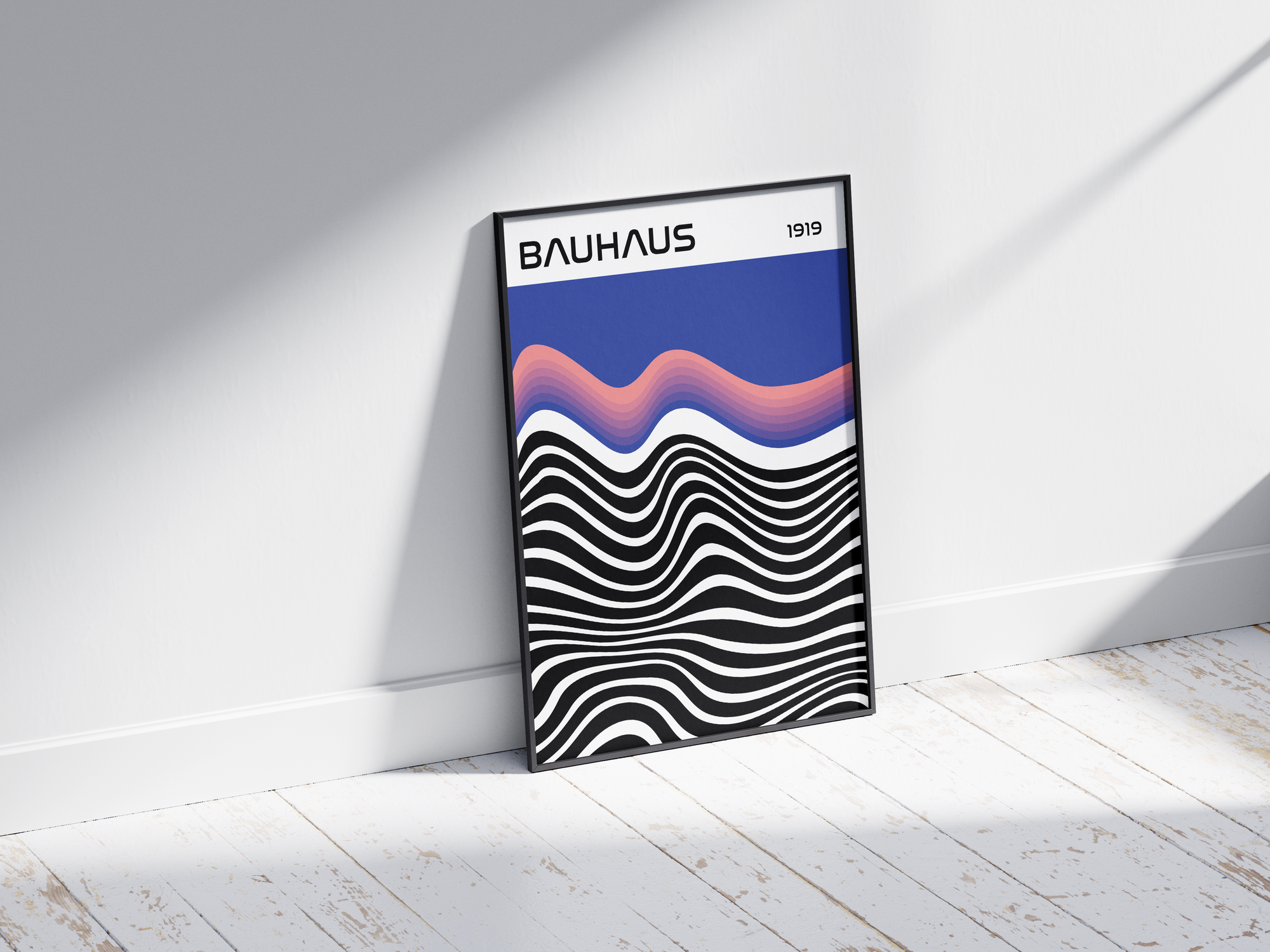 Modern Bauhaus abstract wave poster featuring black and white undulating lines and an orange and blue wave, with "BAUHAUS 1919" typography, printed on semi-gloss sustainable paper. Perfect wall art for living rooms, offices, or contemporary interiors with a bold and artistic aesthetic.
