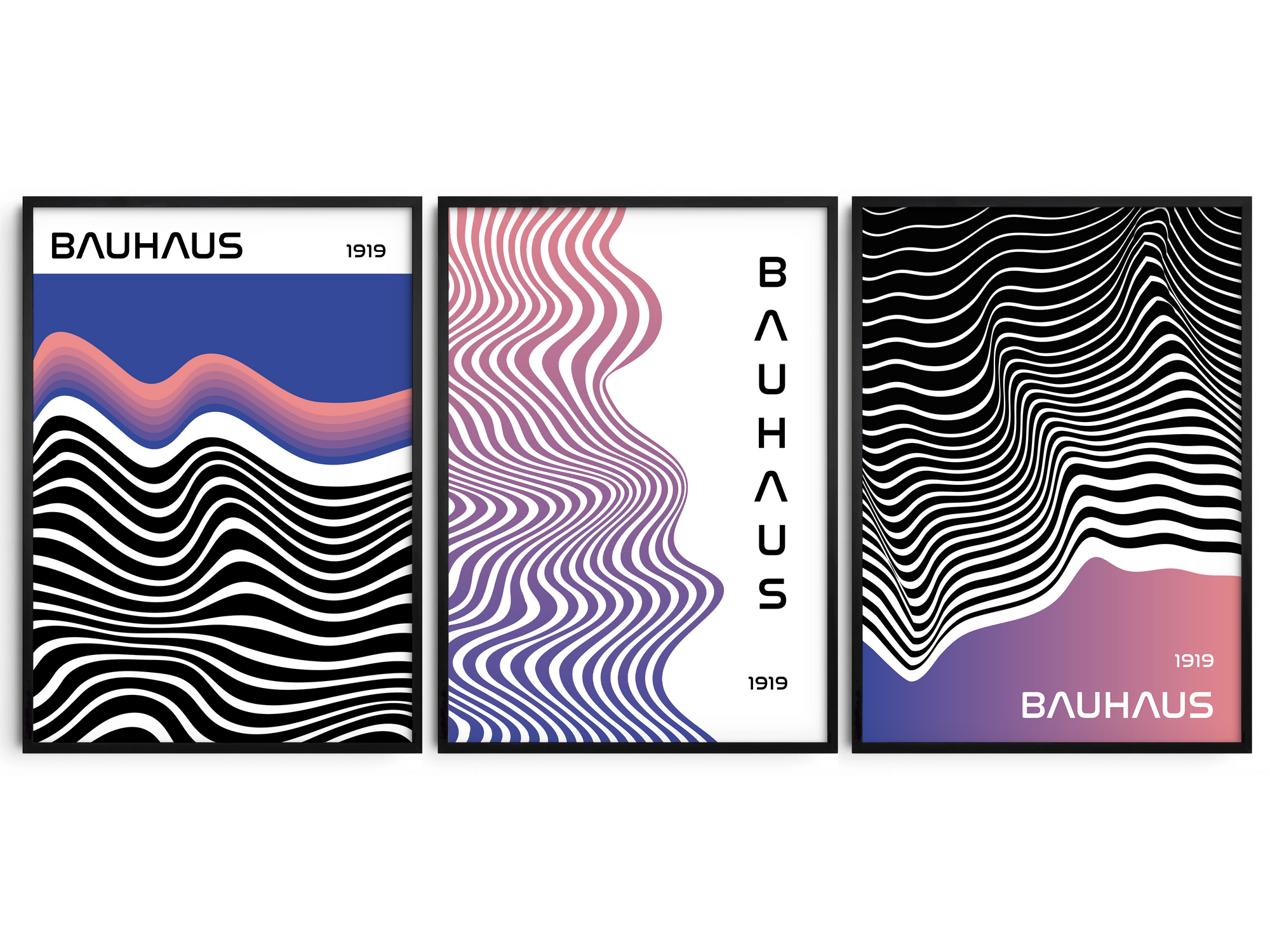 Modern Bauhaus abstract wave poster featuring black and white undulating lines and an orange and blue wave, with "BAUHAUS 1919" typography, printed on semi-gloss sustainable paper. Perfect wall art for living rooms, offices, or contemporary interiors with a bold and artistic aesthetic.