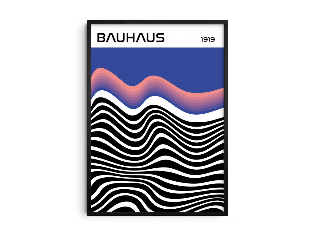 Modern Bauhaus abstract wave poster featuring black and white undulating lines and an orange and blue wave, with "BAUHAUS 1919" typography, printed on semi-gloss sustainable paper. Perfect wall art for living rooms, offices, or contemporary interiors with a bold and artistic aesthetic.