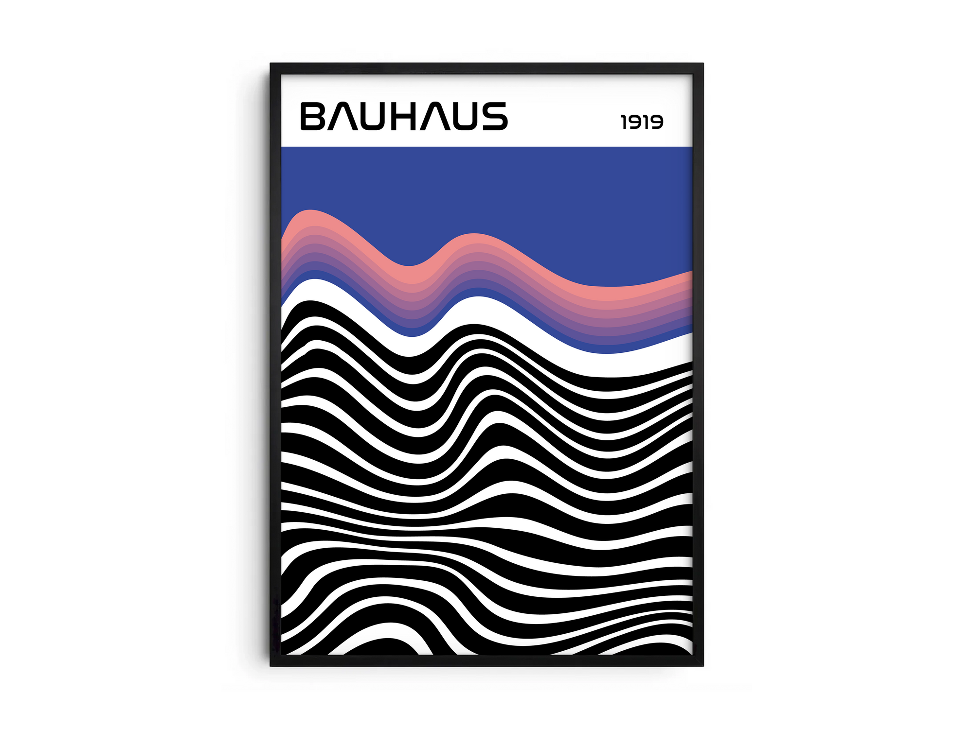 Modern Bauhaus abstract wave poster featuring black and white undulating lines and an orange and blue wave, with "BAUHAUS 1919" typography, printed on semi-gloss sustainable paper. Perfect wall art for living rooms, offices, or contemporary interiors with a bold and artistic aesthetic.
