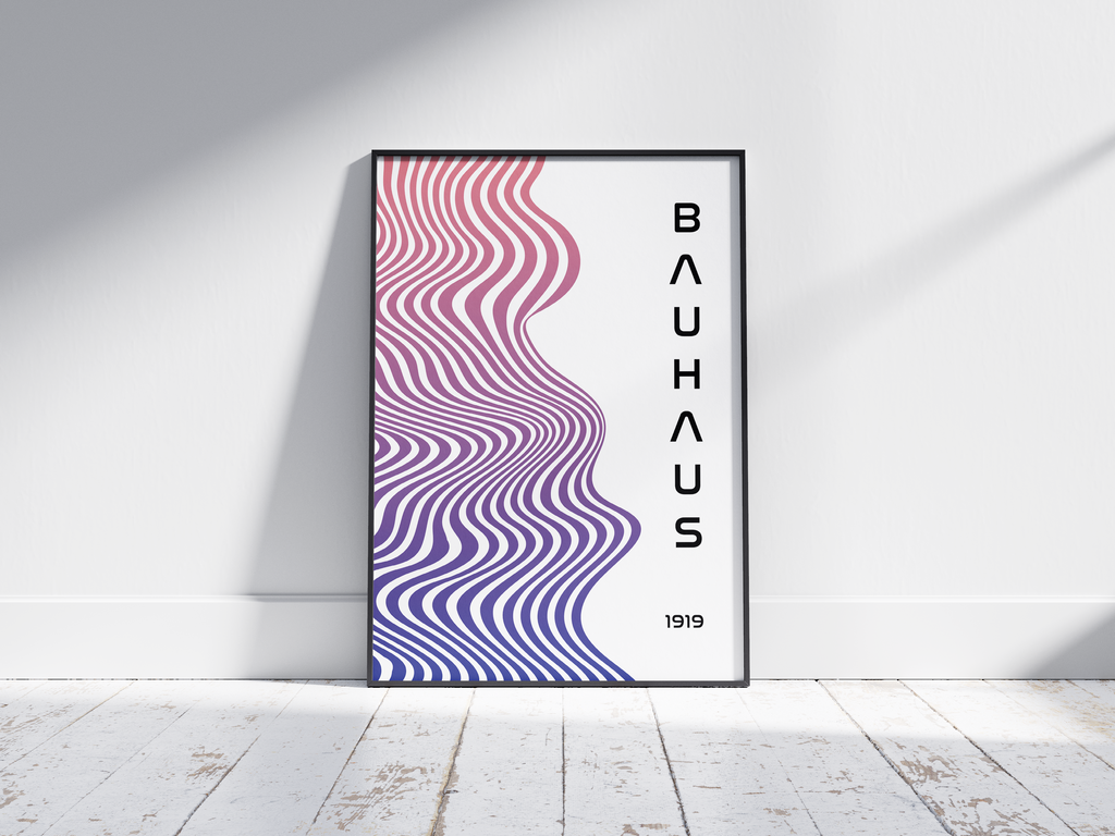 Modern Bauhaus wave poster featuring a vibrant pink and purple gradient wave pattern with vertical "BAUHAUS 1919" text, printed on semi-gloss sustainable paper. Perfect wall art for living rooms, offices, or contemporary interiors with a bold and artistic aesthetic.