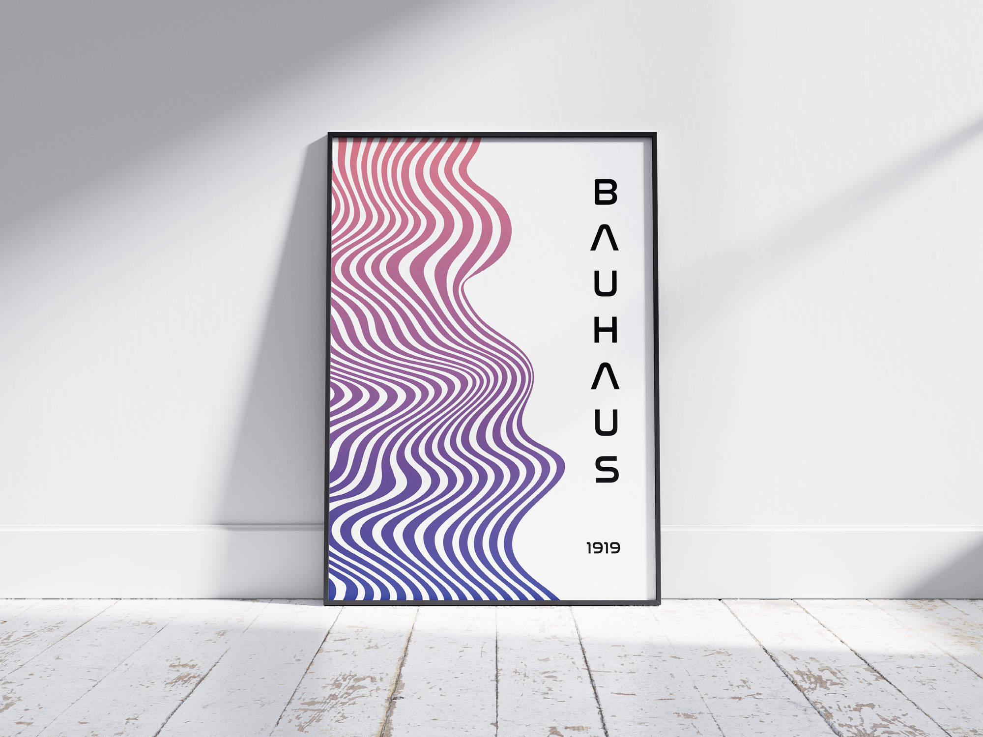 Modern Bauhaus wave poster featuring a vibrant pink and purple gradient wave pattern with vertical "BAUHAUS 1919" text, printed on semi-gloss sustainable paper. Perfect wall art for living rooms, offices, or contemporary interiors with a bold and artistic aesthetic.