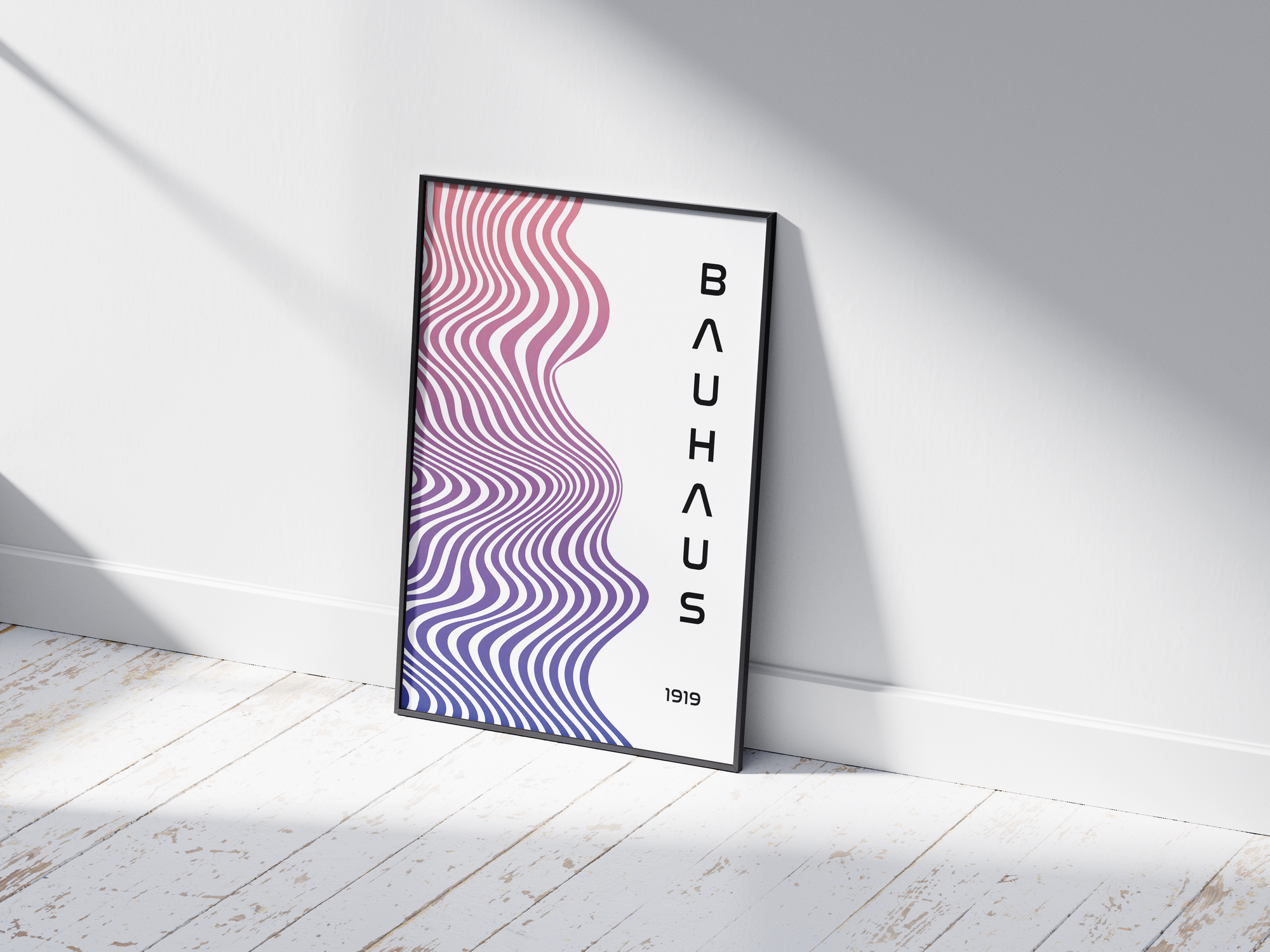 Modern Bauhaus wave poster featuring a vibrant pink and purple gradient wave pattern with vertical "BAUHAUS 1919" text, printed on semi-gloss sustainable paper. Perfect wall art for living rooms, offices, or contemporary interiors with a bold and artistic aesthetic.