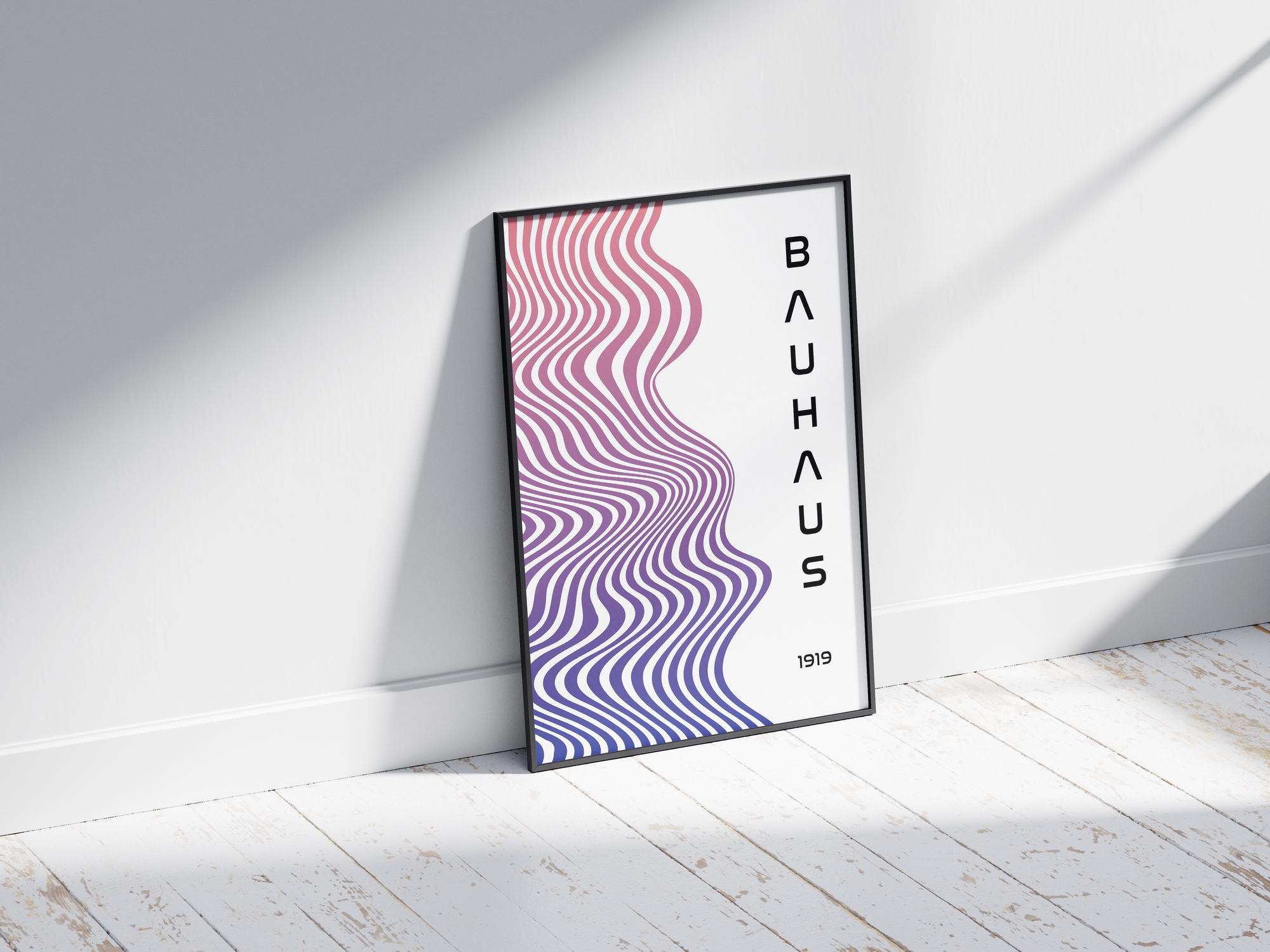 Modern Bauhaus wave poster featuring a vibrant pink and purple gradient wave pattern with vertical "BAUHAUS 1919" text, printed on semi-gloss sustainable paper. Perfect wall art for living rooms, offices, or contemporary interiors with a bold and artistic aesthetic.