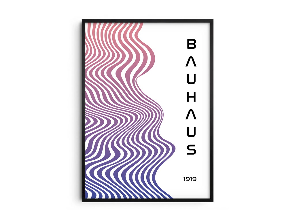 Modern Bauhaus wave poster featuring a vibrant pink and purple gradient wave pattern with vertical "BAUHAUS 1919" text, printed on semi-gloss sustainable paper. Perfect wall art for living rooms, offices, or contemporary interiors with a bold and artistic aesthetic.