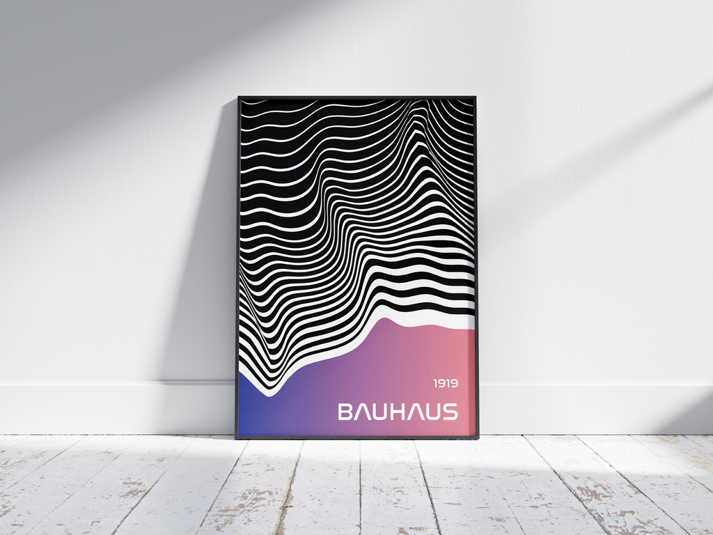 Modern Bauhaus wave art print featuring black and white undulating lines with a purple and pink gradient, printed on semi-gloss sustainable paper. Perfect wall art for living rooms, offices, or contemporary interiors with a bold and artistic aesthetic.