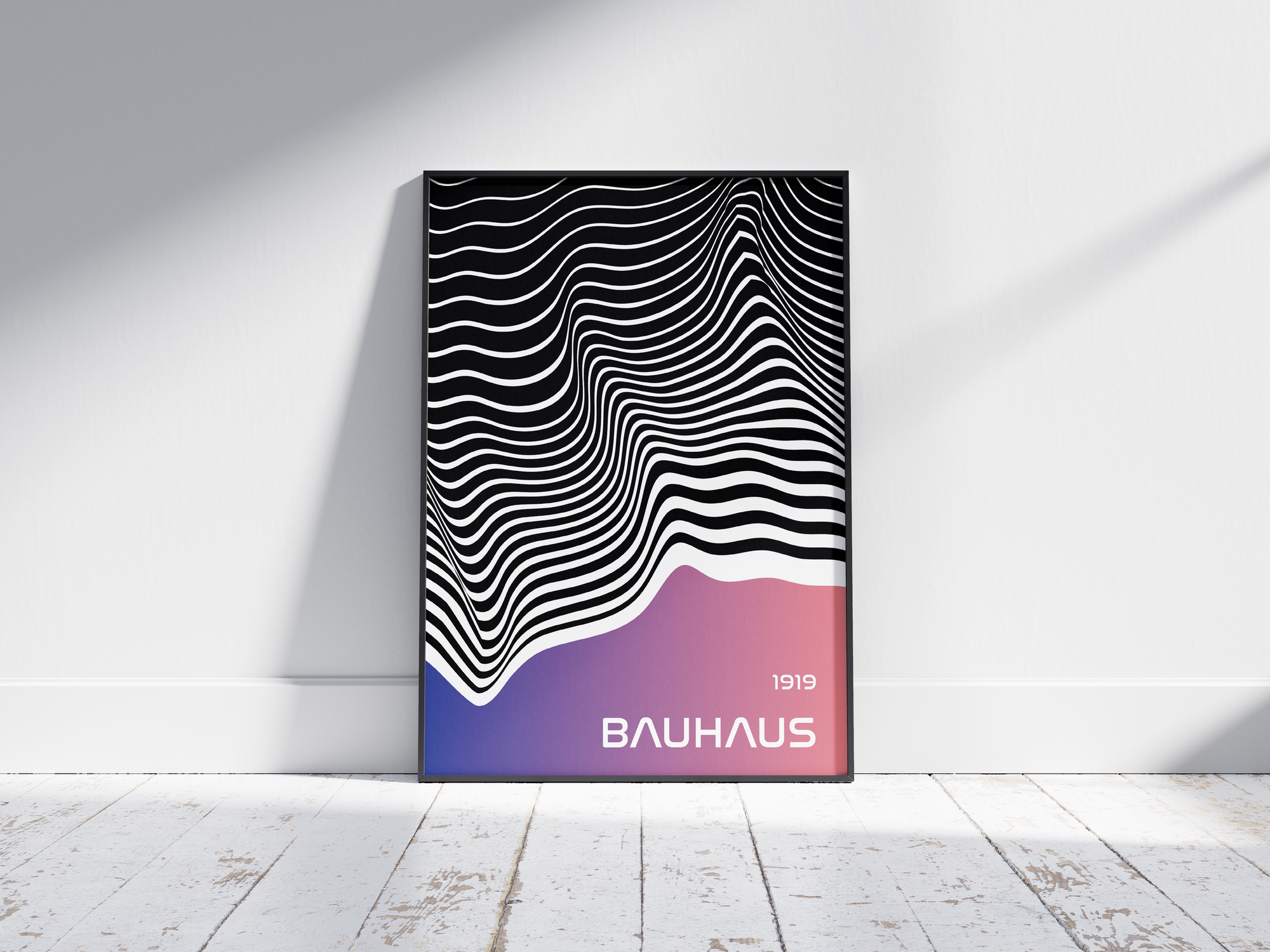 Modern Bauhaus wave art print featuring black and white undulating lines with a purple and pink gradient, printed on semi-gloss sustainable paper. Perfect wall art for living rooms, offices, or contemporary interiors with a bold and artistic aesthetic.