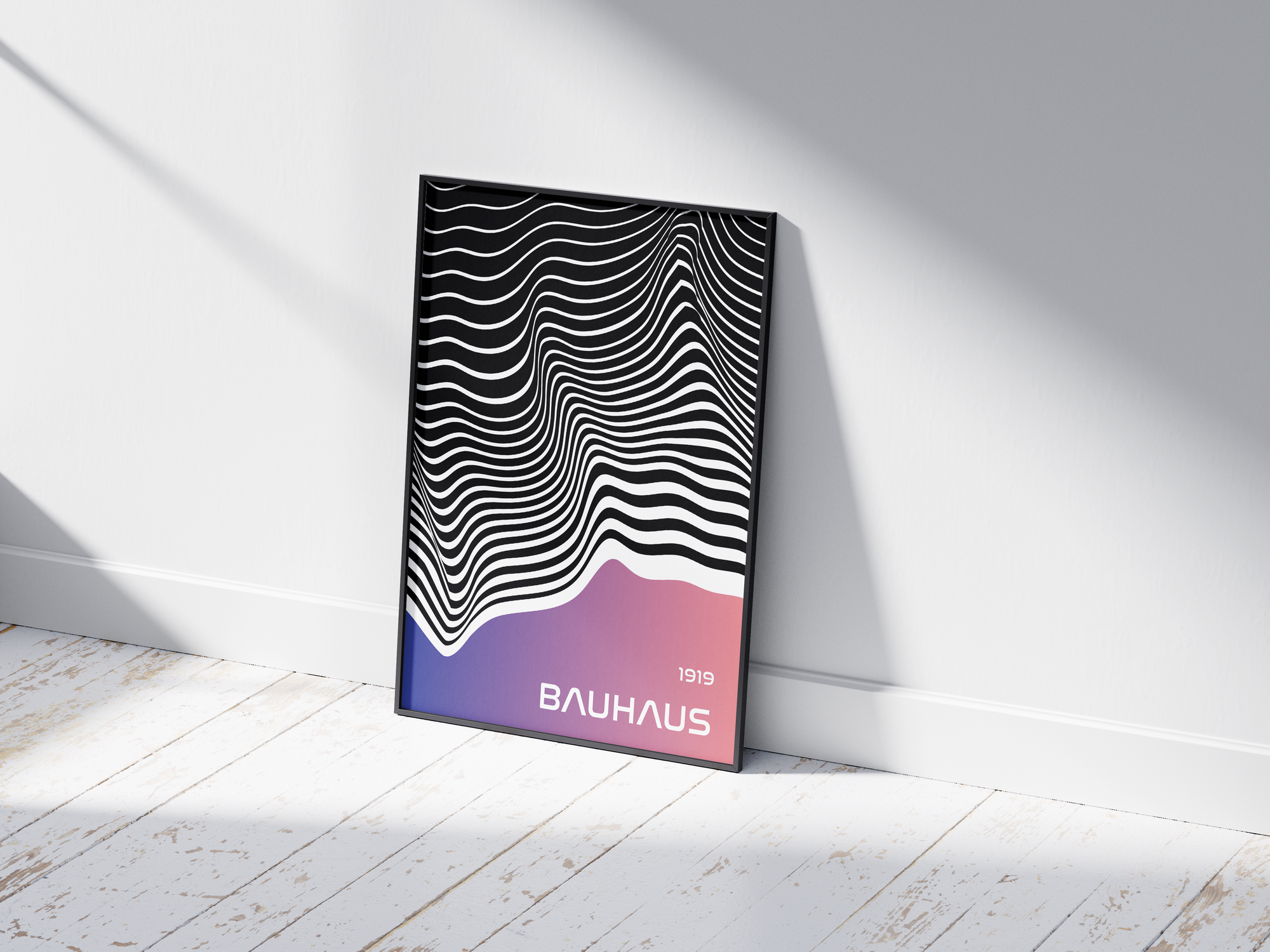 Modern Bauhaus wave art print featuring black and white undulating lines with a purple and pink gradient, printed on semi-gloss sustainable paper. Perfect wall art for living rooms, offices, or contemporary interiors with a bold and artistic aesthetic.