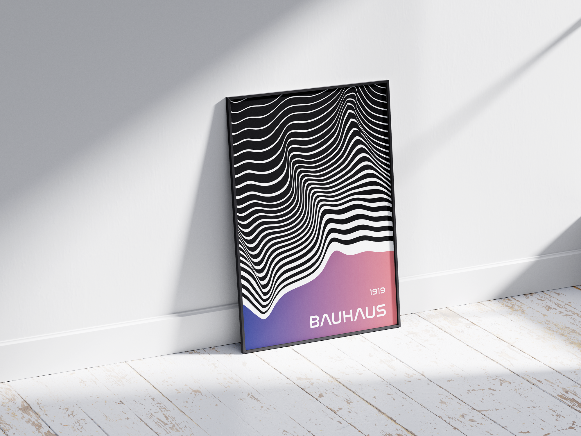 Modern Bauhaus wave art print featuring black and white undulating lines with a purple and pink gradient, printed on semi-gloss sustainable paper. Perfect wall art for living rooms, offices, or contemporary interiors with a bold and artistic aesthetic.