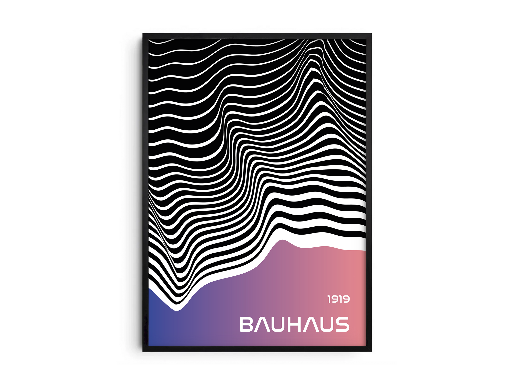 Modern Bauhaus wave art print featuring black and white undulating lines with a purple and pink gradient, printed on semi-gloss sustainable paper. Perfect wall art for living rooms, offices, or contemporary interiors with a bold and artistic aesthetic.