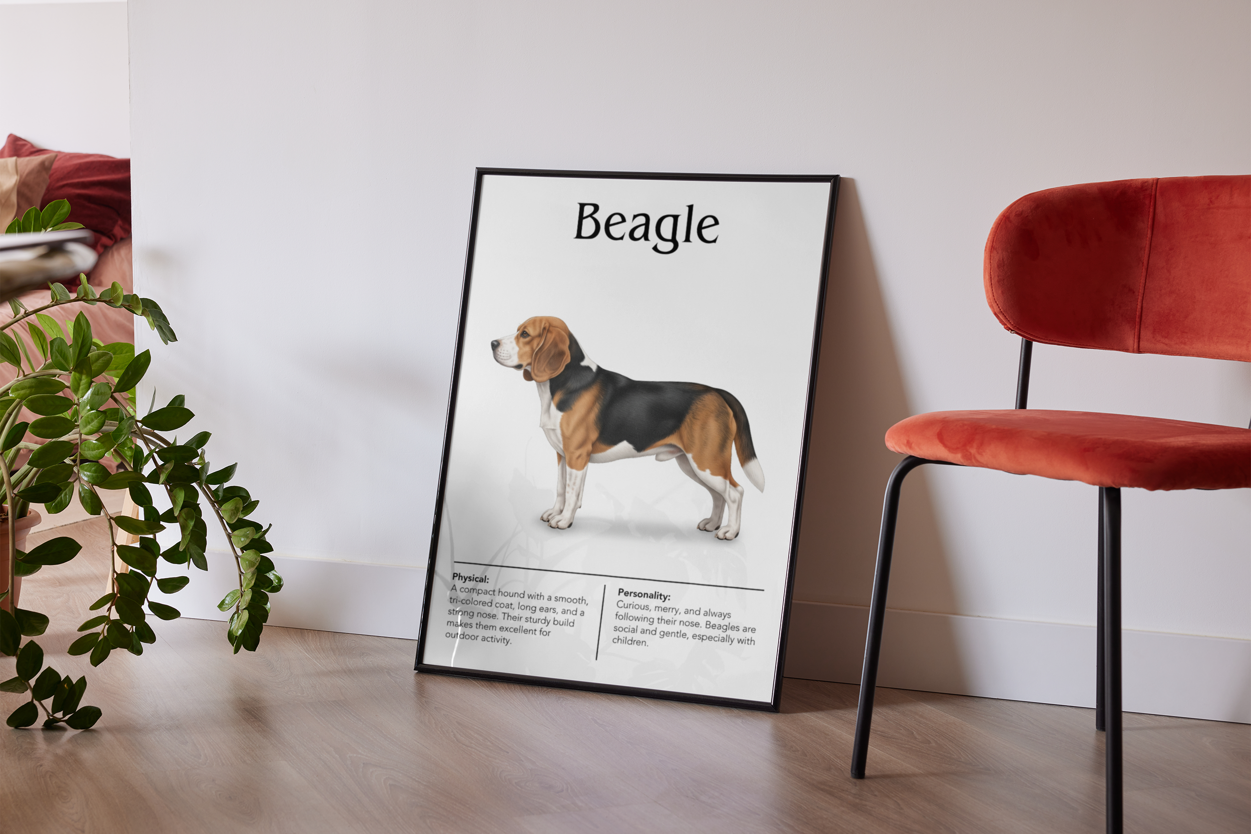 A black-framed poster of a tri-color Beagle, leaning against a white wall on a wooden floor, next to an orange-red velvet upholstered chair.
