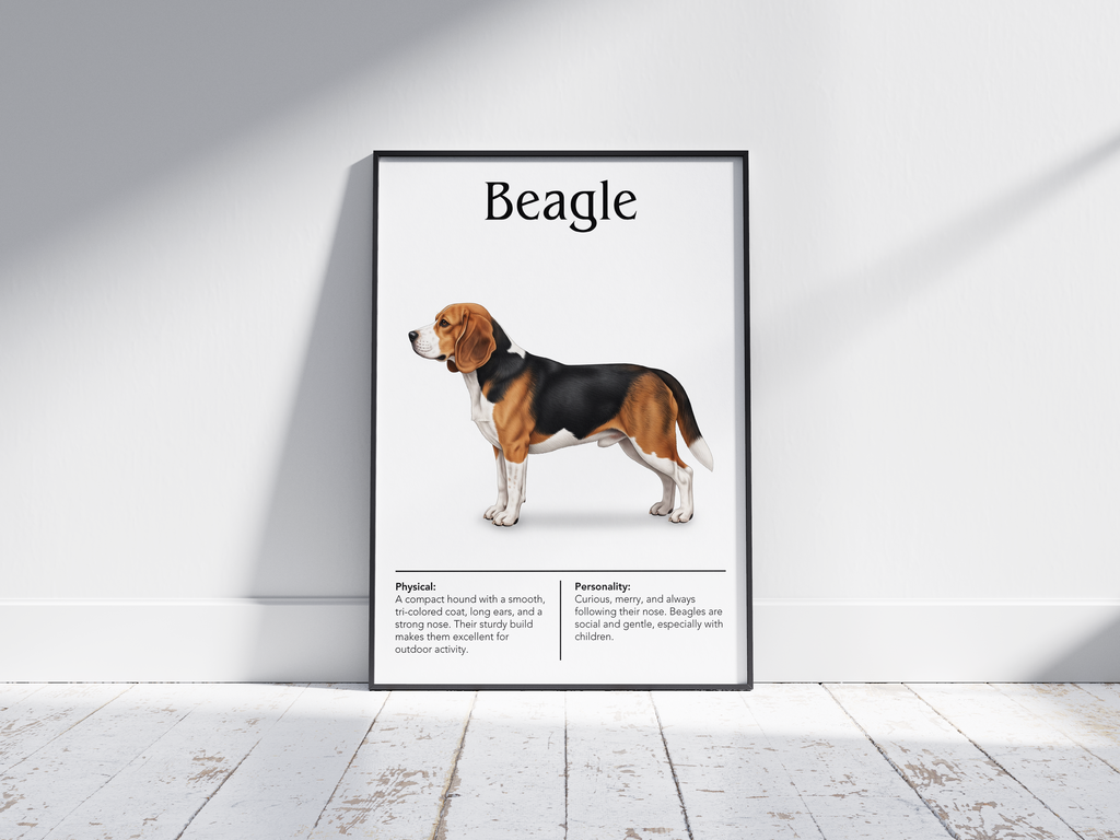 Detailed Beagle dog breed poster showcasing its physical characteristics and personality traits, printed on semi-gloss sustainable paper. Perfect wall art for living rooms, kitchens, or modern interiors with a cheerful and curious aesthetic.