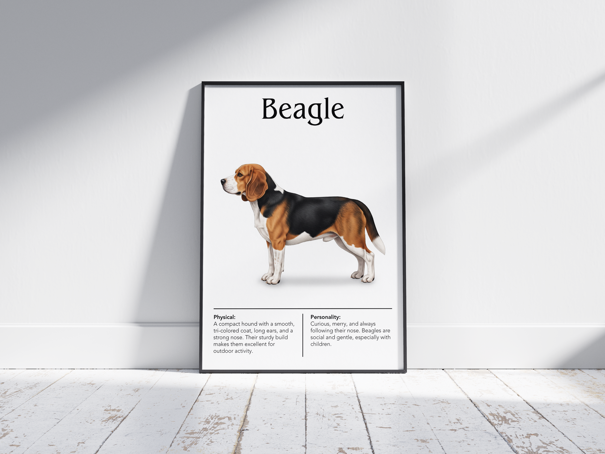 Detailed Beagle dog breed poster showcasing its physical characteristics and personality traits, printed on semi-gloss sustainable paper. Perfect wall art for living rooms, kitchens, or modern interiors with a cheerful and curious aesthetic.