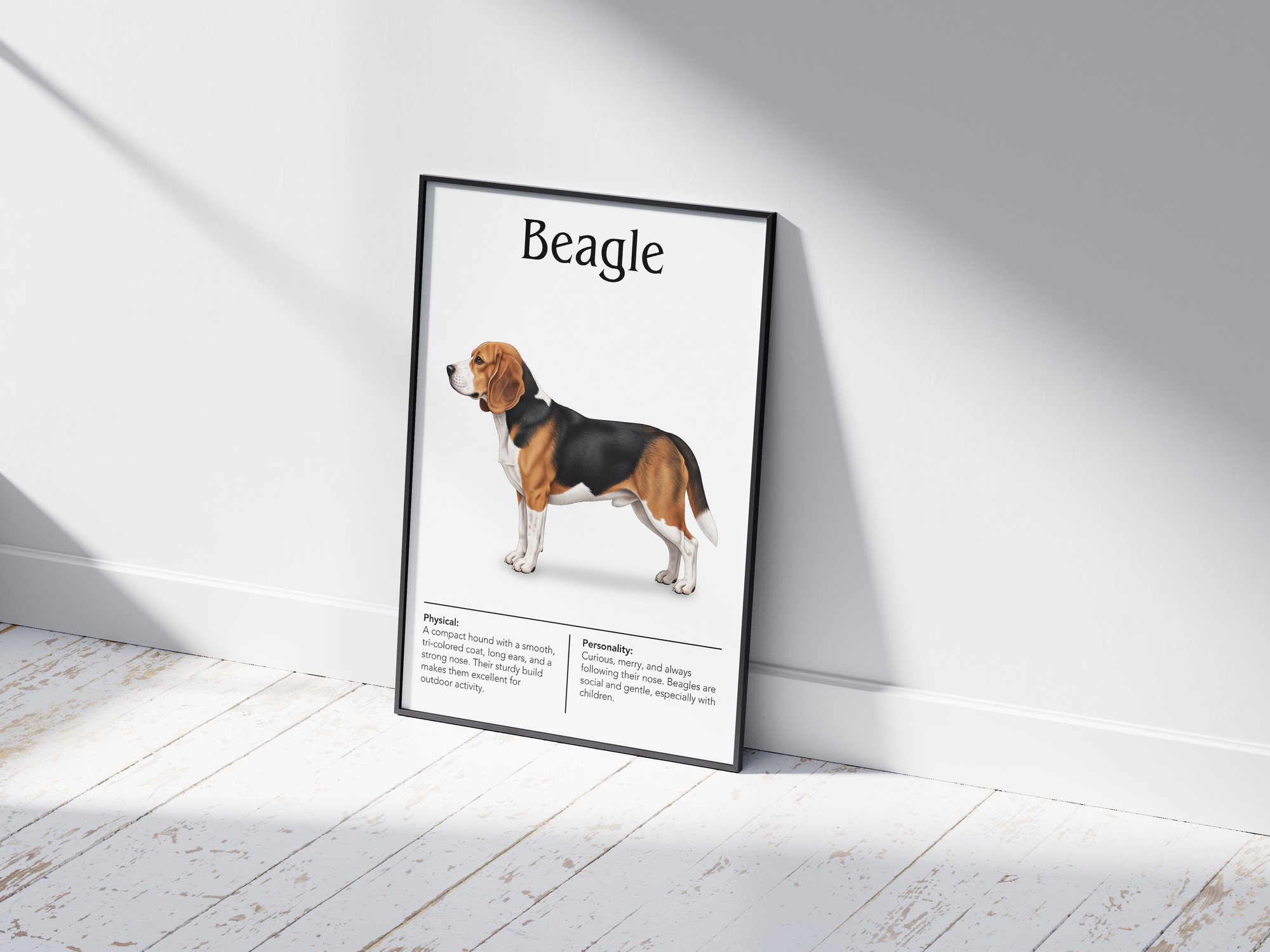 Detailed Beagle dog breed poster showcasing its physical characteristics and personality traits, printed on semi-gloss sustainable paper. Perfect wall art for living rooms, kitchens, or modern interiors with a cheerful and curious aesthetic.