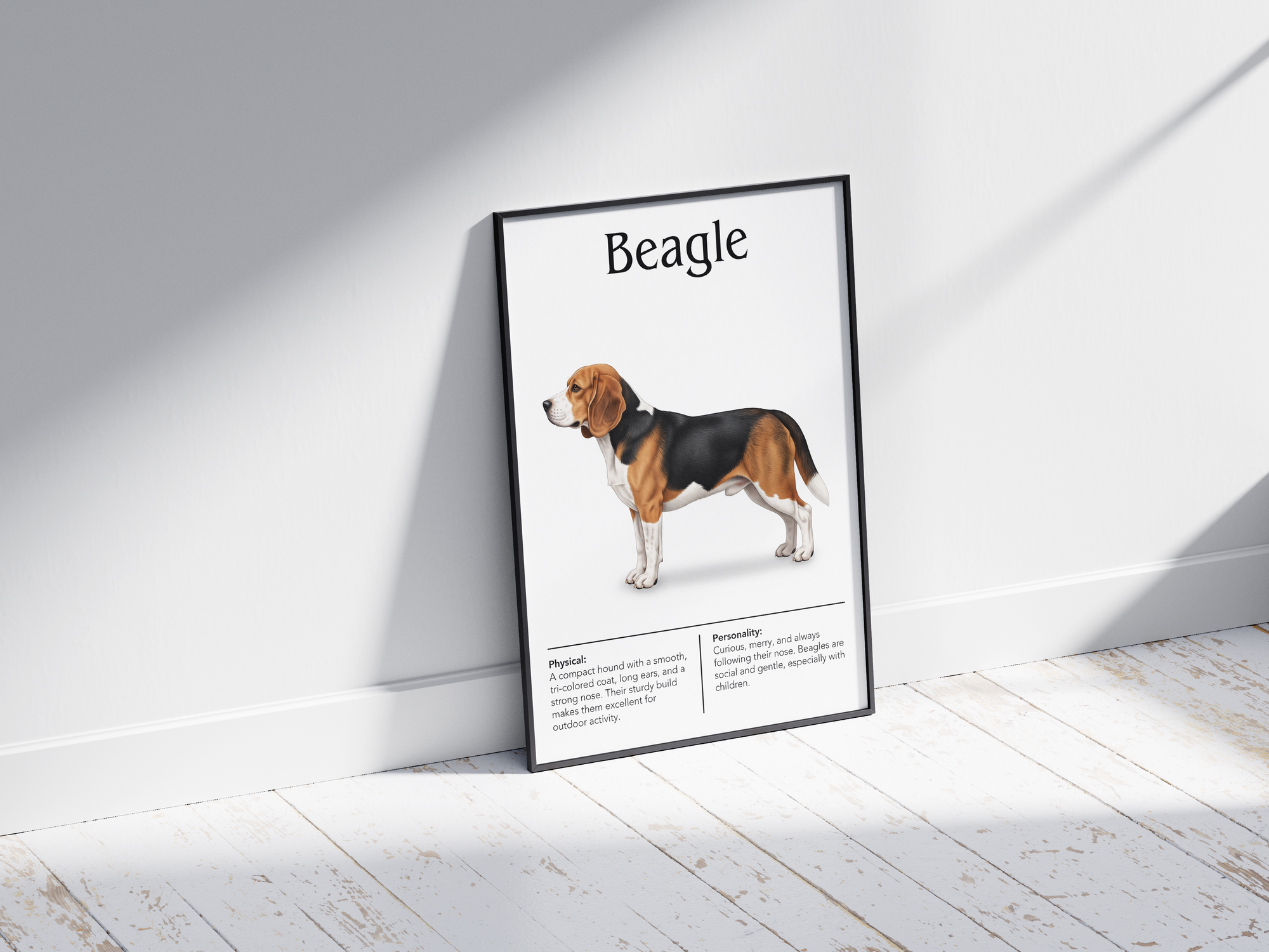 Detailed Beagle dog breed poster showcasing its physical characteristics and personality traits, printed on semi-gloss sustainable paper. Perfect wall art for living rooms, kitchens, or modern interiors with a cheerful and curious aesthetic.