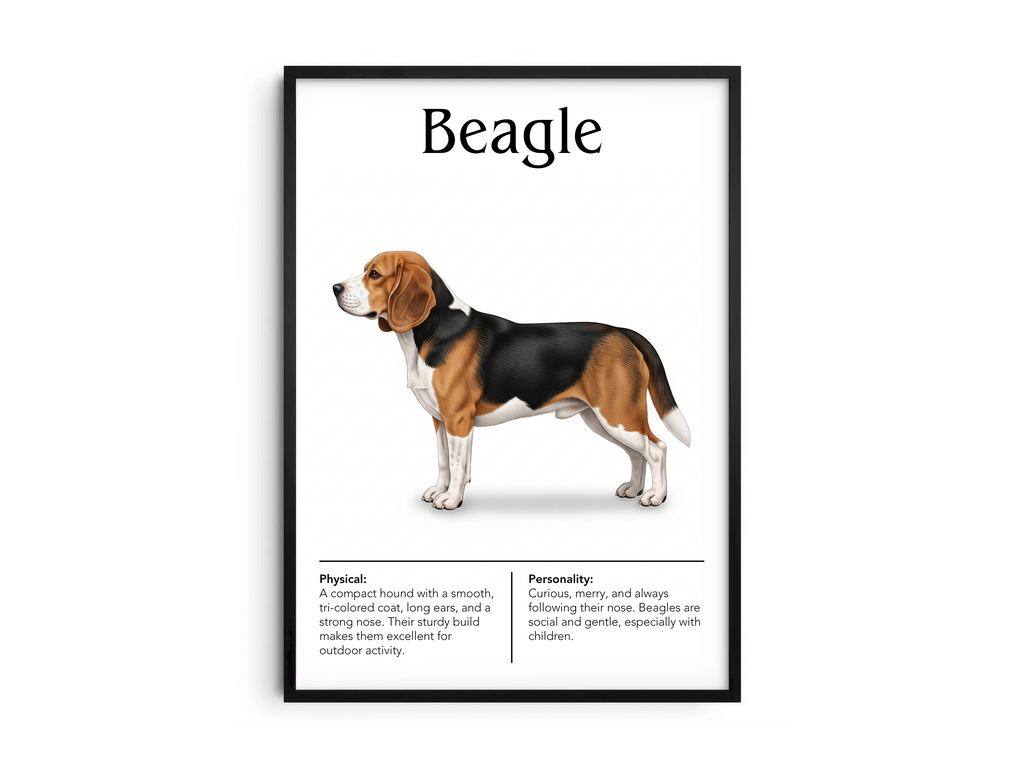 Detailed Beagle dog breed poster showcasing its physical characteristics and personality traits, printed on semi-gloss sustainable paper. Perfect wall art for living rooms, kitchens, or modern interiors with a cheerful and curious aesthetic.