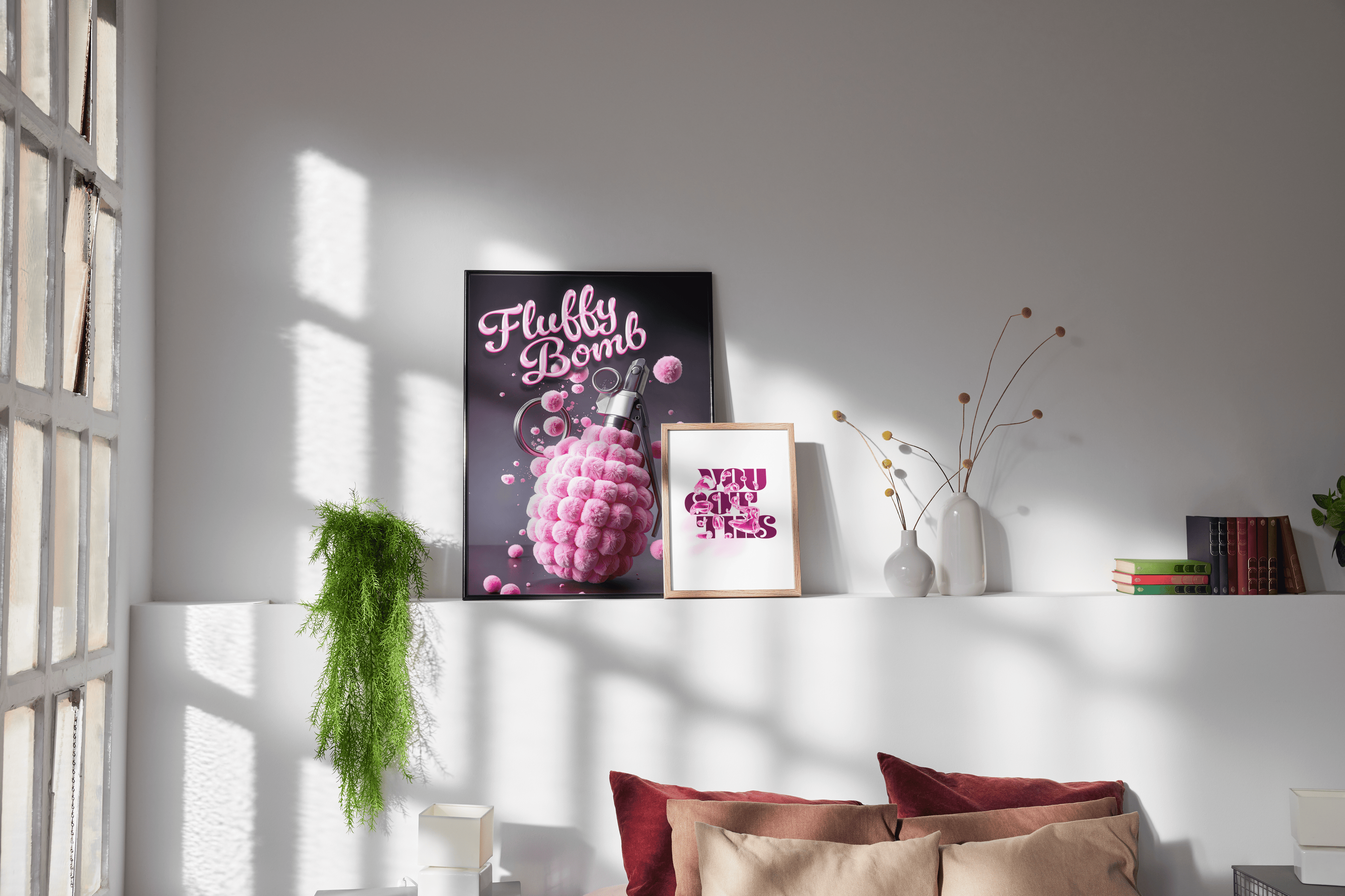 A white wall in a bedroom is adorned with two framed art prints. The larger print on the left features a pink "fluffy bomb" design with text that says "Fluffy Bomb" on a dark background. To its right, a smaller framed print displays a purple abstract design. Below the prints, there's a low white shelf with decorative items including two white vases holding yellow-flowered branches, a stack of books with colorful spines, and what appears to be part of a green plant. In the foreground, the top of a bed with 