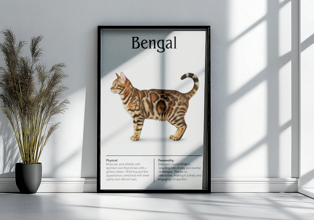 A striking cat breed information poster featuring a realistic illustration of a beautiful Bengal cat with its characteristic leopard-like spots, along with its physical and personality traits. Perfect for Bengal owners and cat enthusiasts. The framed print is leaning against a white wall on a wooden floor, complemented by a tall decorative dried grass arrangement in a black vase, highlighted by natural window light and shadows.