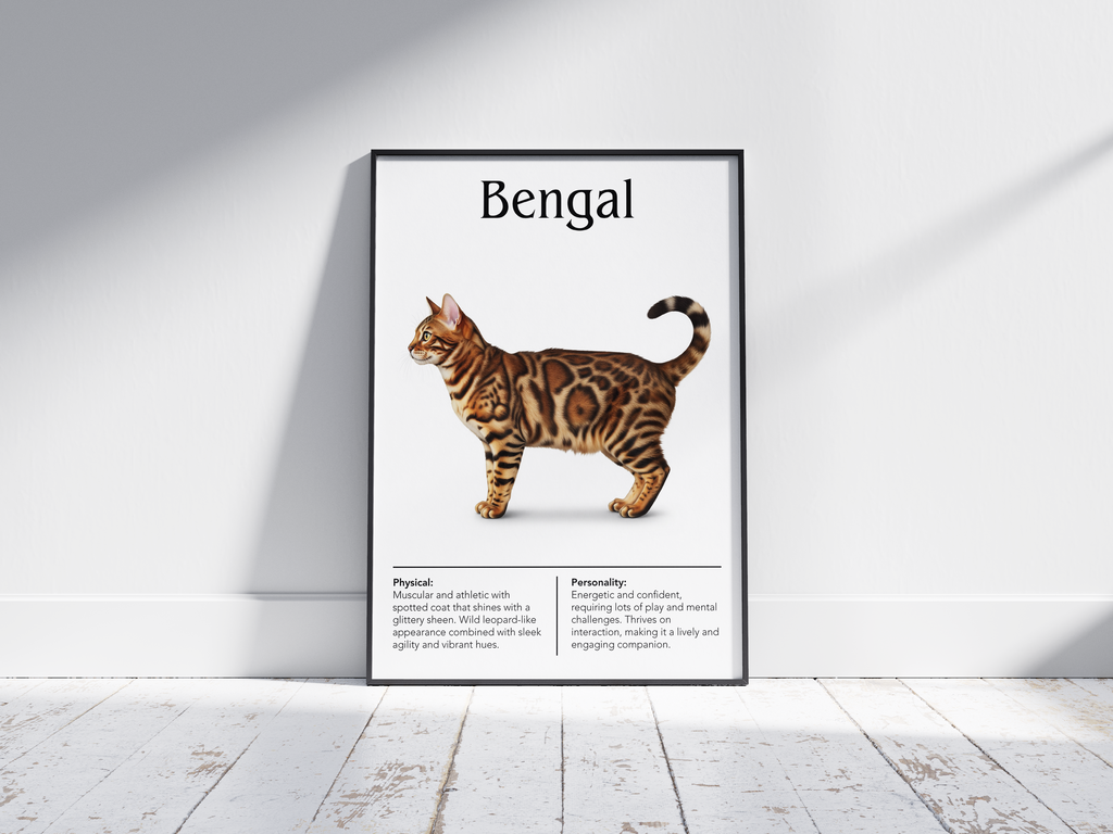 Striking Bengal cat breed poster featuring a detailed illustration of the cat with its exotic spotted coat and wild appearance, printed on semi-gloss sustainable paper. Perfect wall art for modern living rooms, studies, or adventurous interiors with a bold and unique aesthetic.