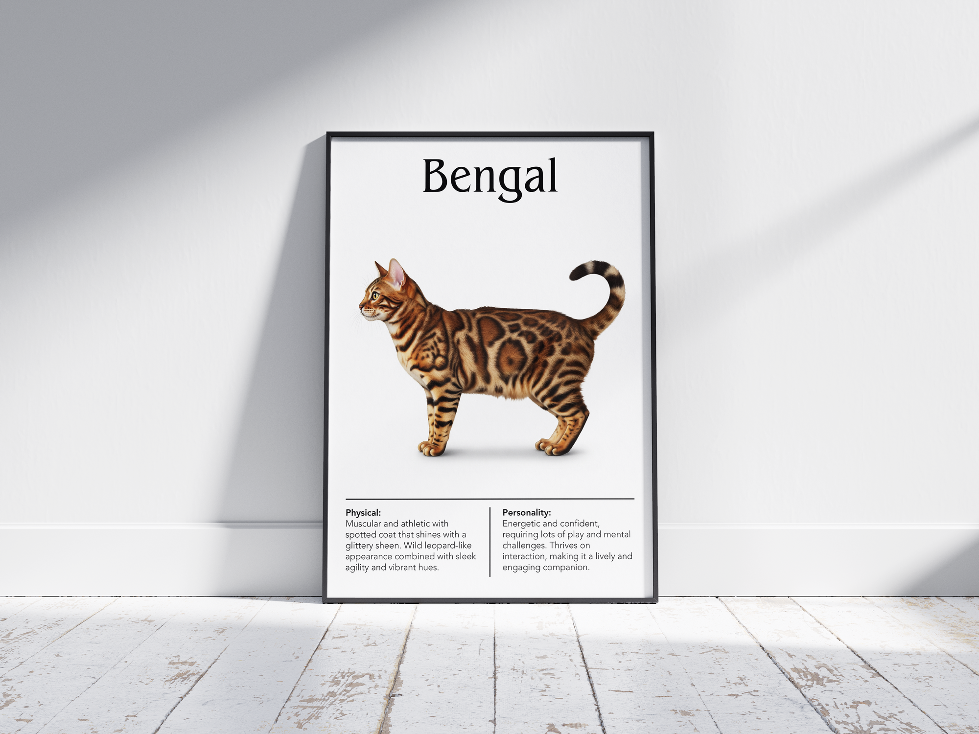Striking Bengal cat breed poster featuring a detailed illustration of the cat with its exotic spotted coat and wild appearance, printed on semi-gloss sustainable paper. Perfect wall art for modern living rooms, studies, or adventurous interiors with a bold and unique aesthetic.