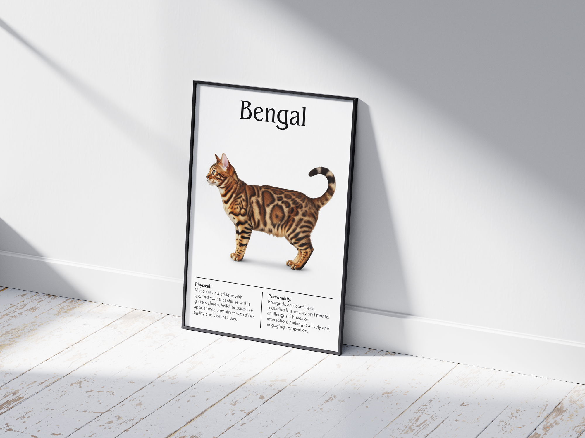 Striking Bengal cat breed poster featuring a detailed illustration of the cat with its exotic spotted coat and wild appearance, printed on semi-gloss sustainable paper. Perfect wall art for modern living rooms, studies, or adventurous interiors with a bold and unique aesthetic.
