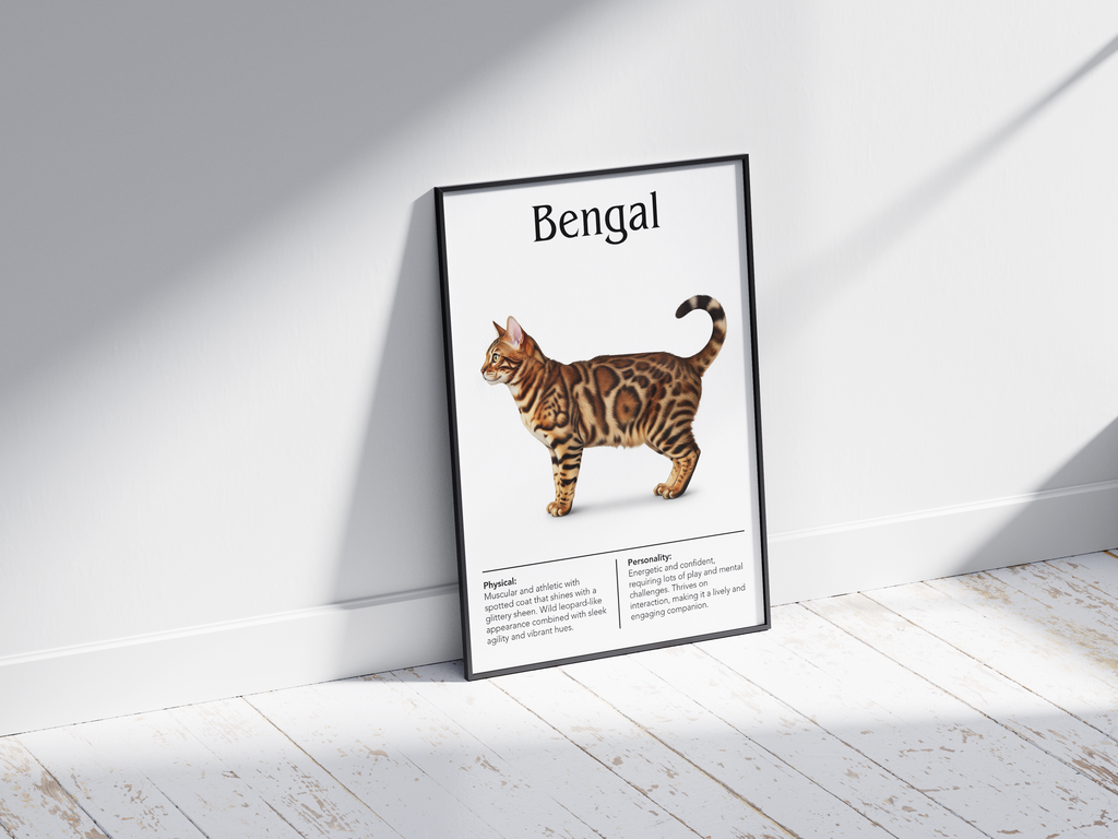 Striking Bengal cat breed poster featuring a detailed illustration of the cat with its exotic spotted coat and wild appearance, printed on semi-gloss sustainable paper. Perfect wall art for modern living rooms, studies, or adventurous interiors with a bold and unique aesthetic.