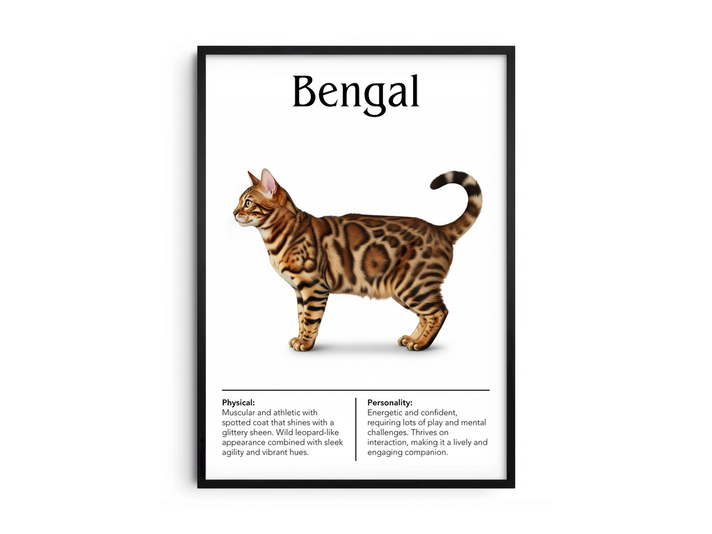 Striking Bengal cat breed poster featuring a detailed illustration of the cat with its exotic spotted coat and wild appearance, printed on semi-gloss sustainable paper. Perfect wall art for modern living rooms, studies, or adventurous interiors with a bold and unique aesthetic.
