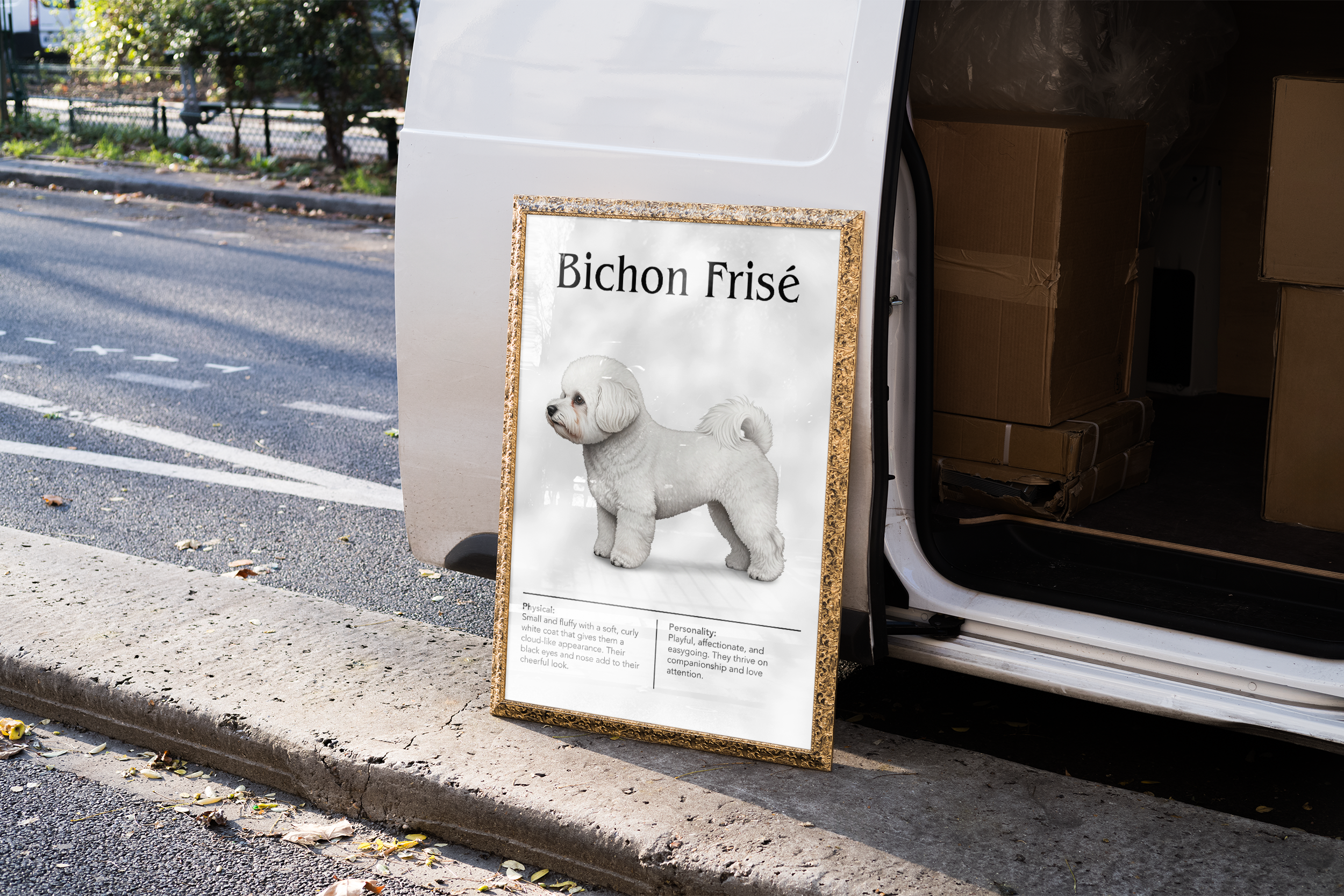 A gold-framed poster of a fluffy white Bichon Frisé, leaning against the curb by the open back of a white delivery van with cardboard boxes inside.