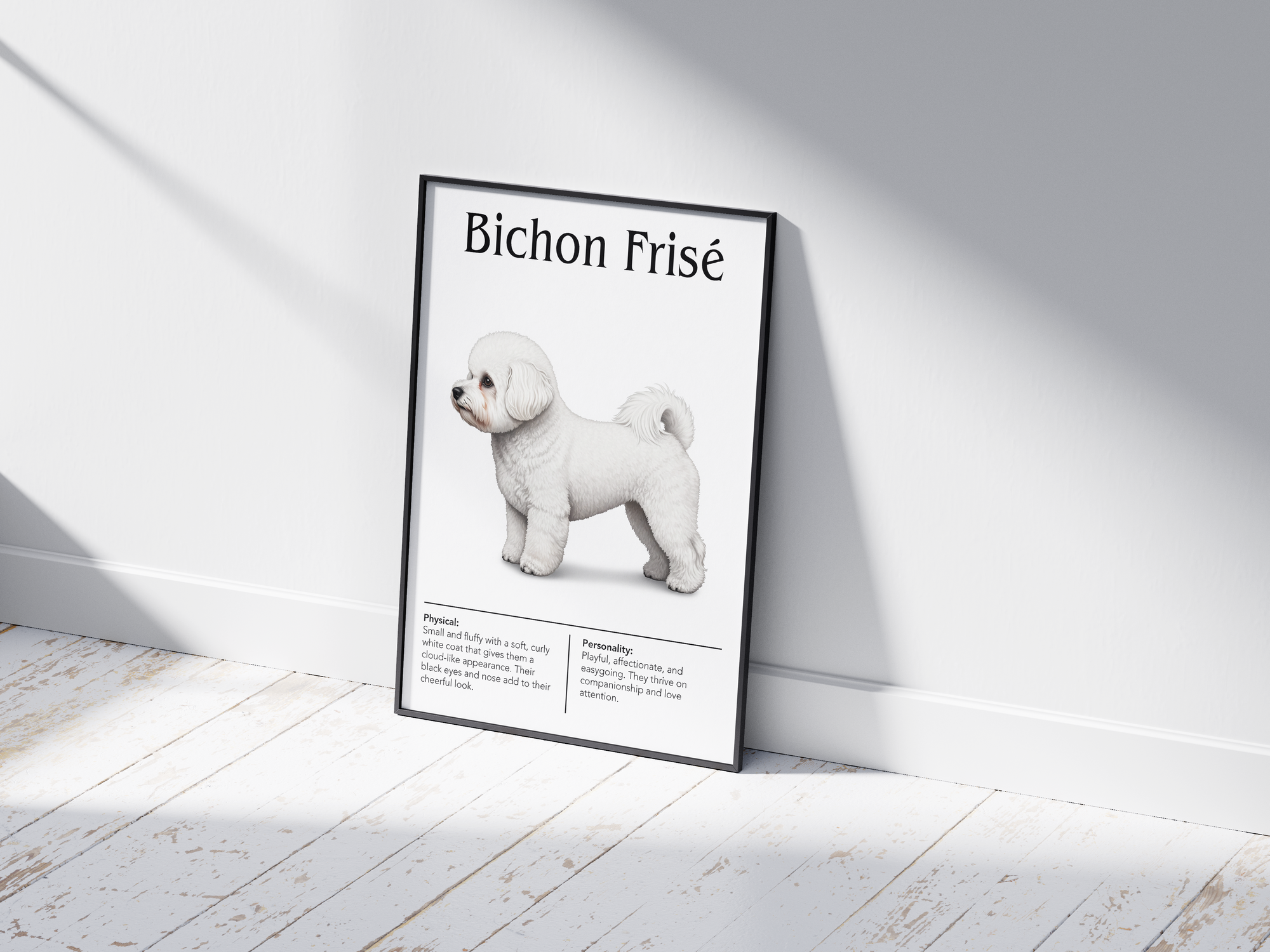 Detailed Bichon Frisé dog breed poster showcasing its fluffy appearance and cheerful personality traits, printed on semi-gloss sustainable paper. Perfect wall art for living rooms, nurseries, or modern interiors with a charming and joyful aesthetic.