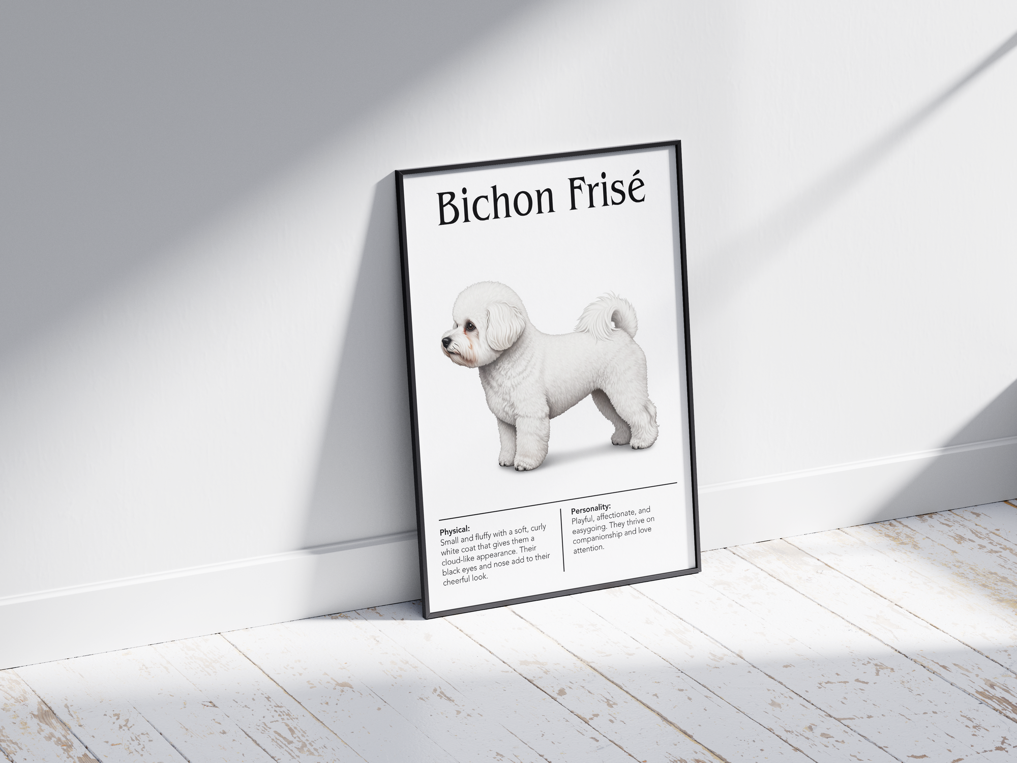 Detailed Bichon Frisé dog breed poster showcasing its fluffy appearance and cheerful personality traits, printed on semi-gloss sustainable paper. Perfect wall art for living rooms, nurseries, or modern interiors with a charming and joyful aesthetic.