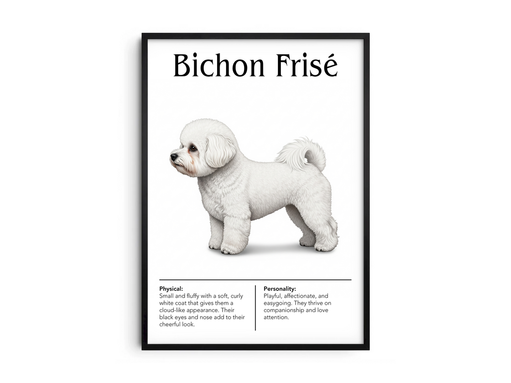 Detailed Bichon Frisé dog breed poster showcasing its fluffy appearance and cheerful personality traits, printed on semi-gloss sustainable paper. Perfect wall art for living rooms, nurseries, or modern interiors with a charming and joyful aesthetic.