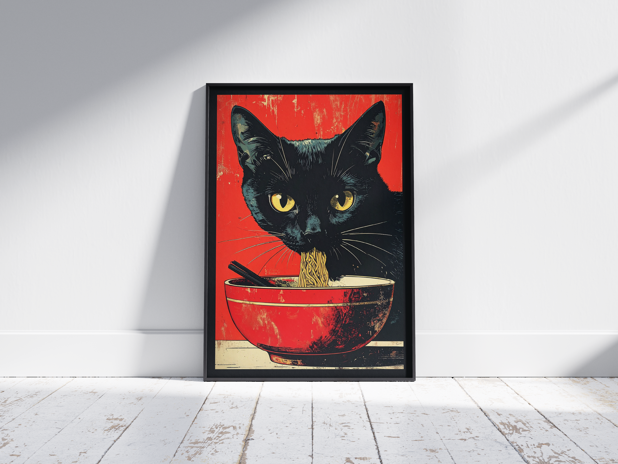Striking black cat poster featuring a detailed illustration of a cat eating ramen noodles, printed on semi-gloss sustainable paper. Perfect wall art for kitchens, dining areas, or modern interiors with a playful and unique aesthetic.